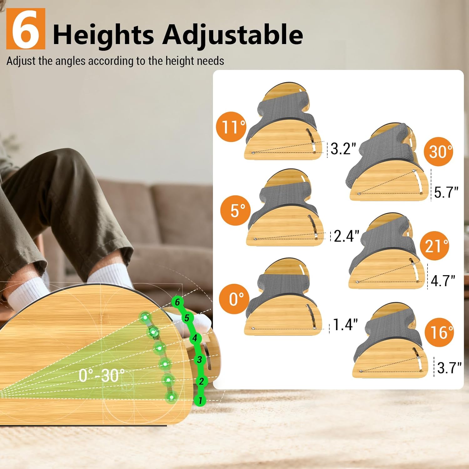 Bambus-Fußstütze für unter dem Schreibtisch bei der Arbeit – 3-in-1 umkehrbare Schaukeltisch-Fußstütze mit 6 höhenverstellbaren und weichen Kissen, ergonomischer Fußhocker mit rutschfester Oberfläche für – Bild 5