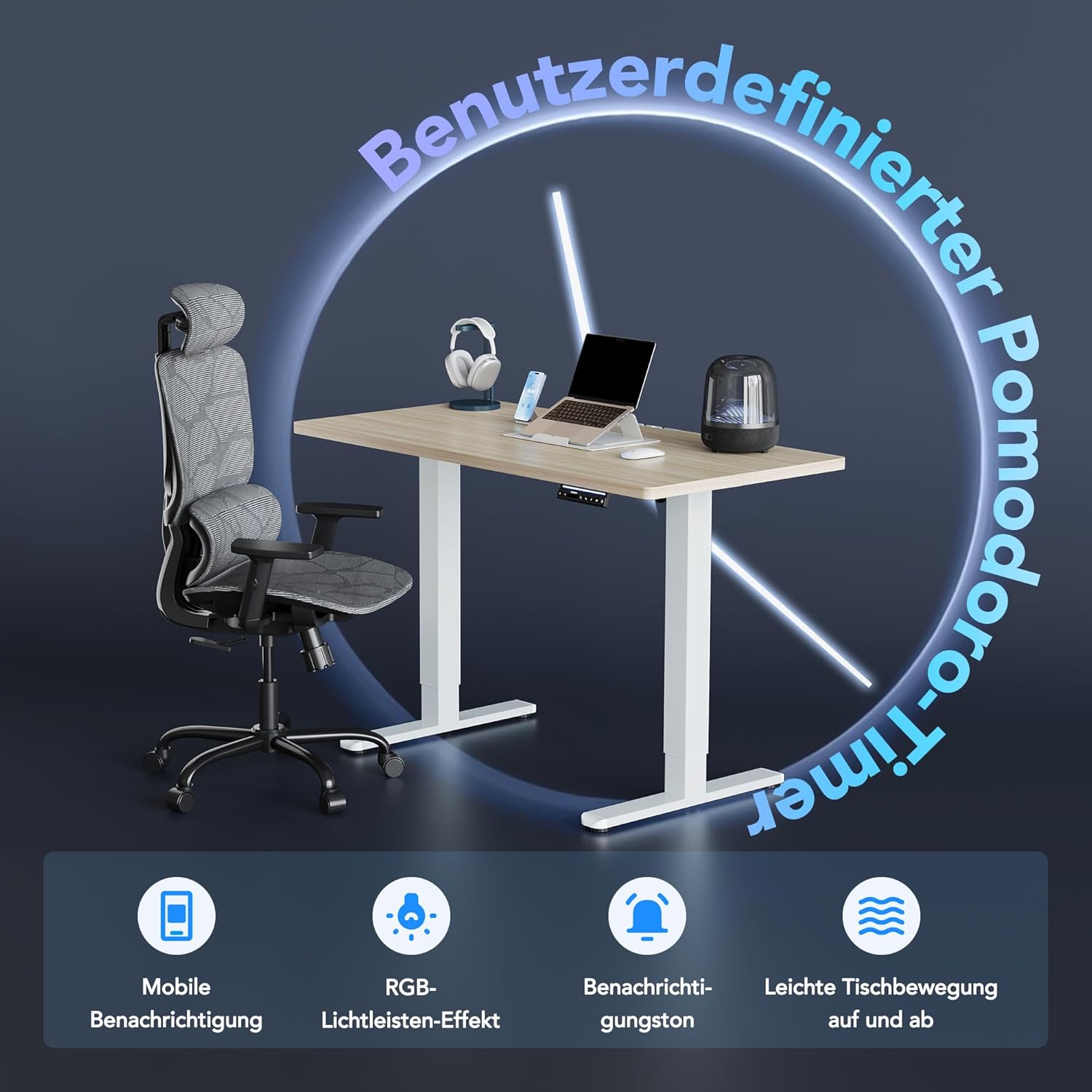 HUANUO AI-gesteuerter elektrischer Stehschreibtisch 120 x 60 cm mit Smart App, funktioniert mit Alexa & Google, höhenverstellbar, 6 Speicherstufen, Sitzerinnerung, ergonomisch – Bild 3
