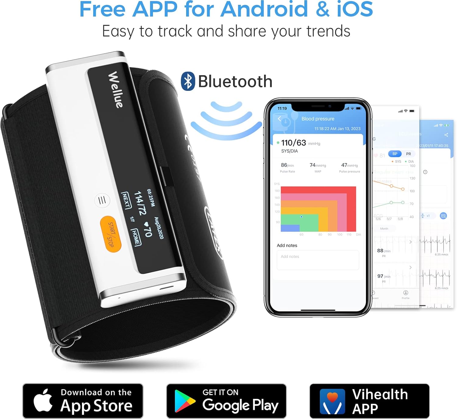 Wellue Armfit Plus Blutdruckmessgerät mit EKG-Funktion, Bluetooth-Oberarm-Blutdruckmessgerät für den Heimgebrauch, große Blutdruckmanschette, kostenlose App für iOS & Android – Bild 4