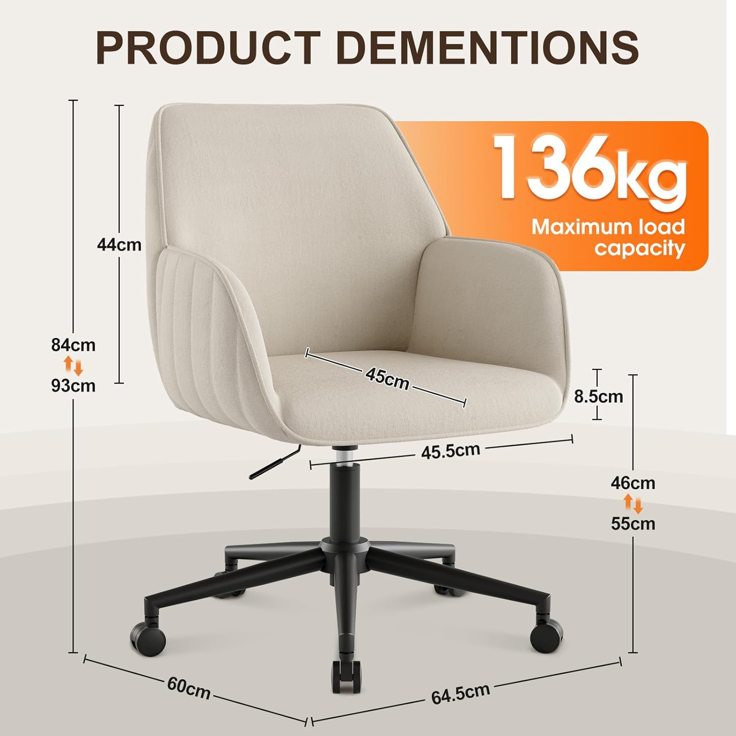 Schreibtischstuhl, Bürostuhl, Heimbüro, Drehstuhl, Samt-Make-up-Stuhl mit Armlehnen, Rollen, ergonomisch, bequem, Damen, Mädchen, Schminkstuhl, höhenverstellbar, Schlafzimmer, Heimbüro, Weiß – Bild 2