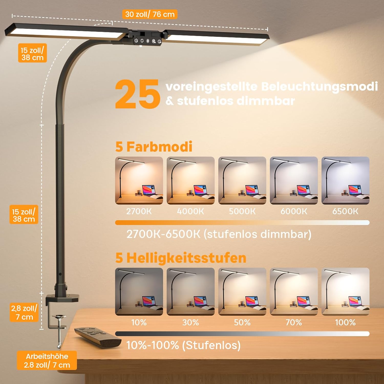 SIBRILLE RGB Doppelkopf Schreibtischlampe LED Dimmbar 22W 80cm Klemmbare Tageslichtlampe mit Fernbedienung, Drehbare Tischlampe Augenschutz Schwanenhals Büro Monitorlampe (5 Farbtemperaturen) – Bild 4