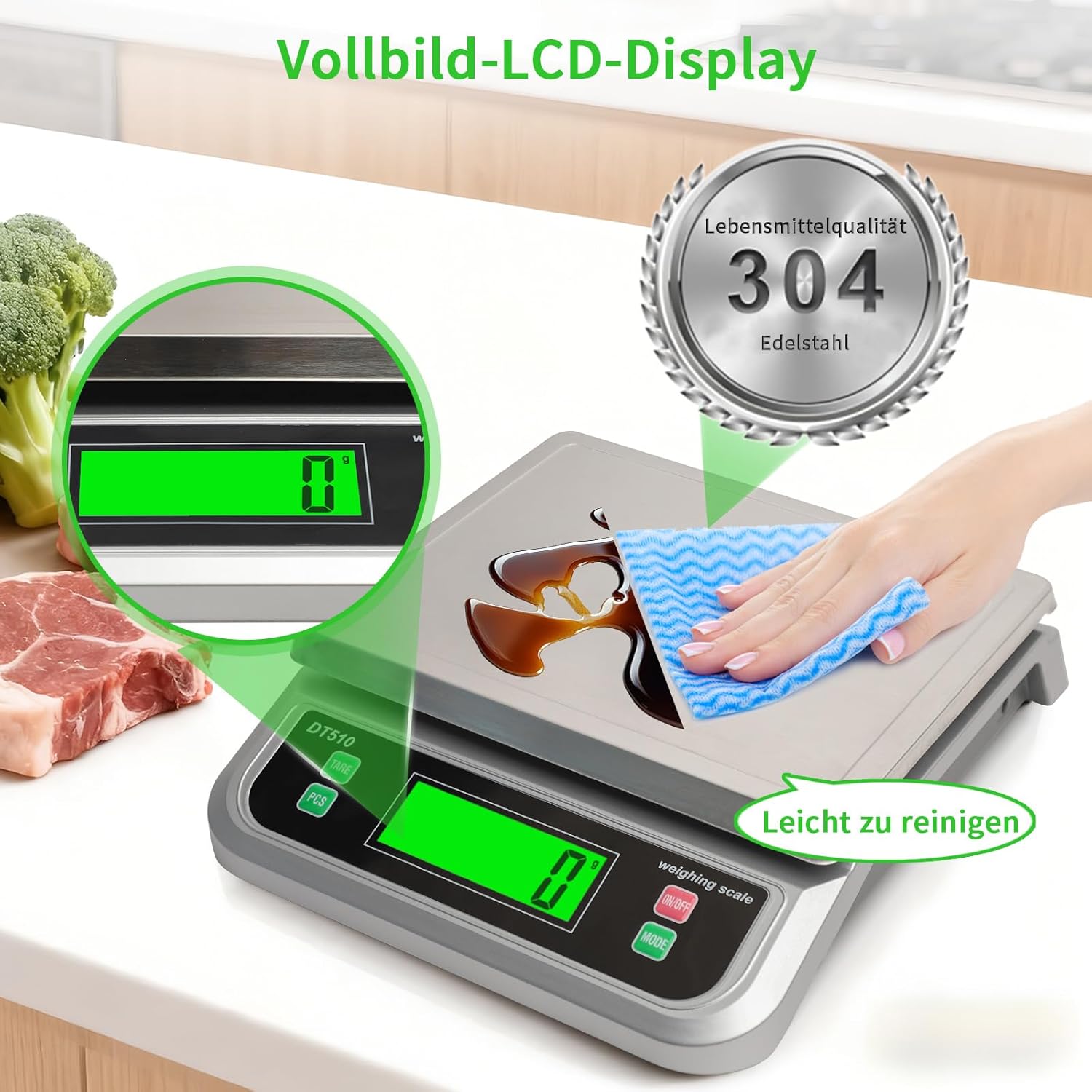 Digitale Küchenwaage, 40 kg Küchenwaage mit Stückzählung und Tarafunktion, Küchenwaage mit 6 Maßeinheiten, g/kg/lb/oz/ml/Milch-ml und LCD-Display, Wiegefläche aus Edelstahl zum Backen und Kochen, Silber – Bild 4