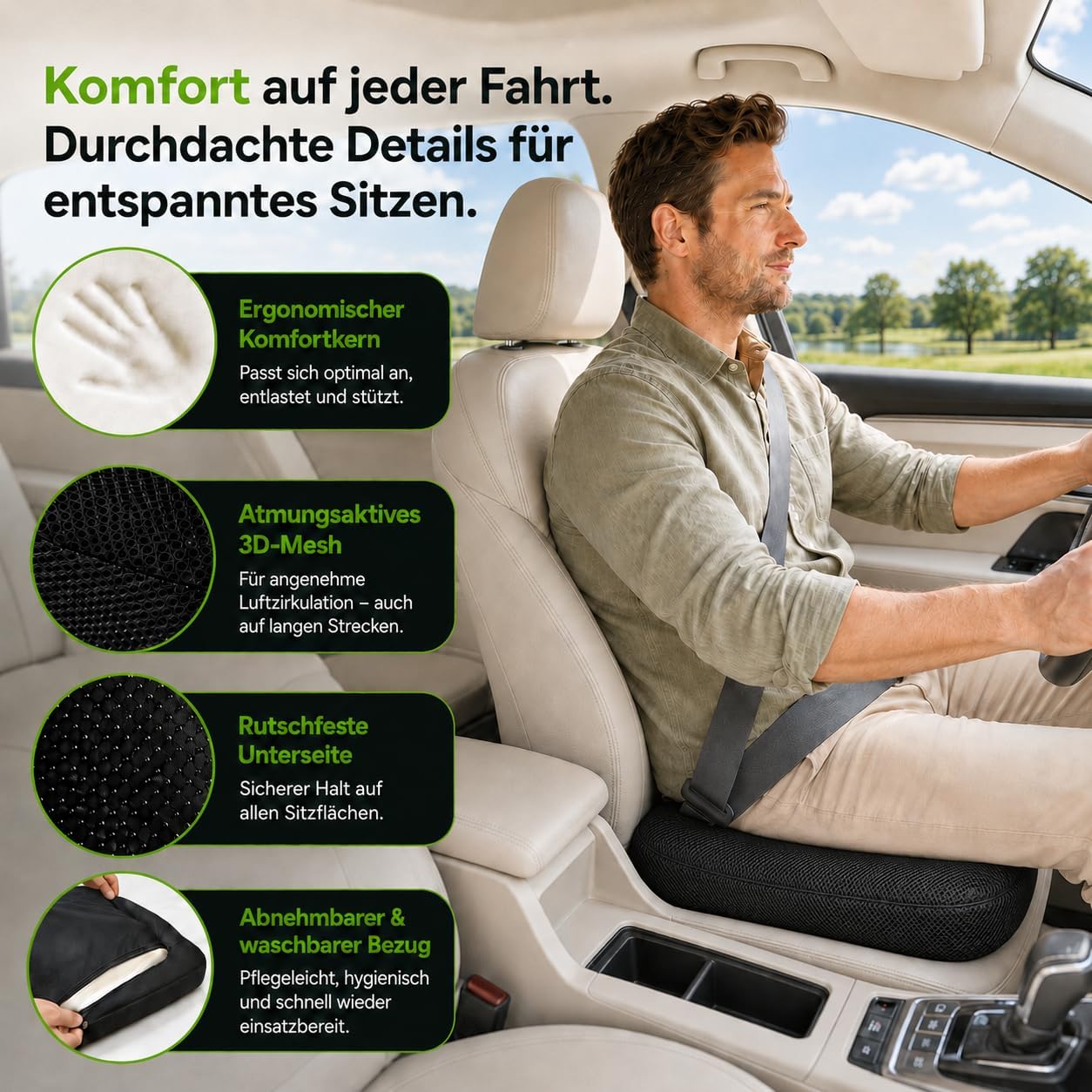 Sitzkissen, ergonomisches orthopädisches Memory-Schaum-Stuhlkissen mit U-förmiger Steißbeinentlastung, druckentlastend für Bürostuhl, Auto, Rollstuhl, Zuhause, rutschfest, waschbar, Schwarz – Bild 6