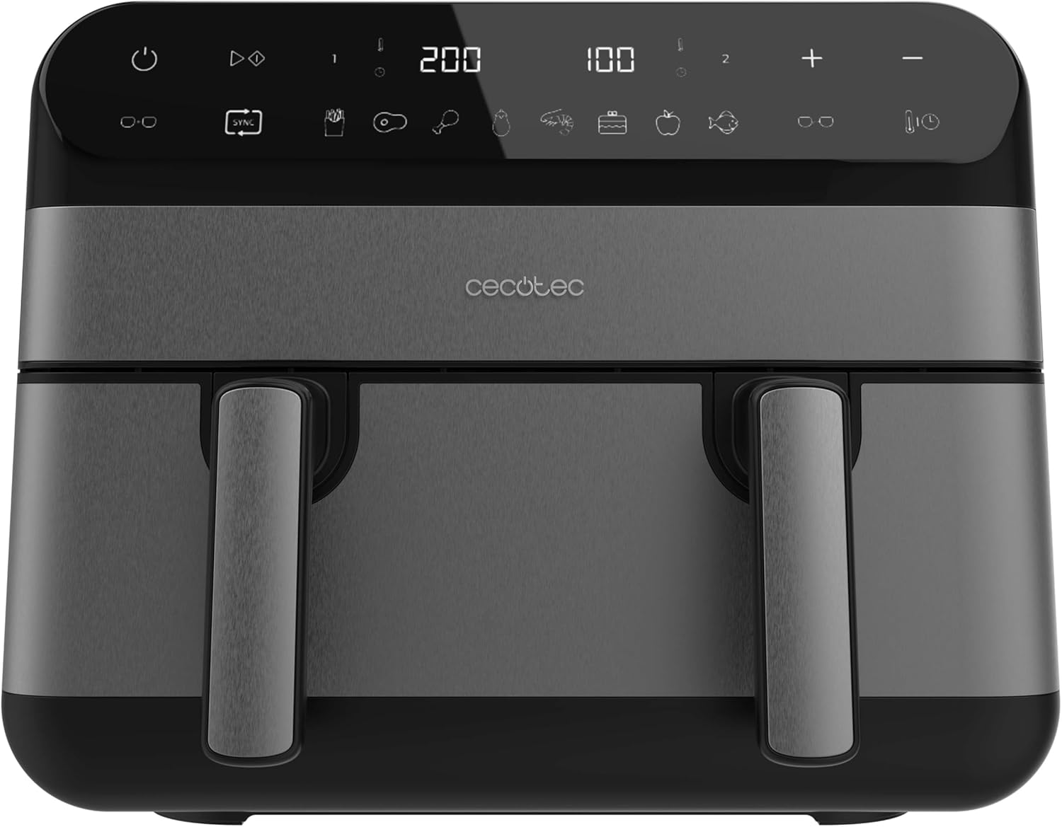 Cecotec Cecofry Advance 9000 Inox Heißluftfritteuse, 2800 W, 9 l, 30–200 °C, Zweizonen-Airfryer, Doppelkammer mit beweglicher Trennwand, 8 automatische Programme – perfekte Ergebnisse auf Knopfdruck