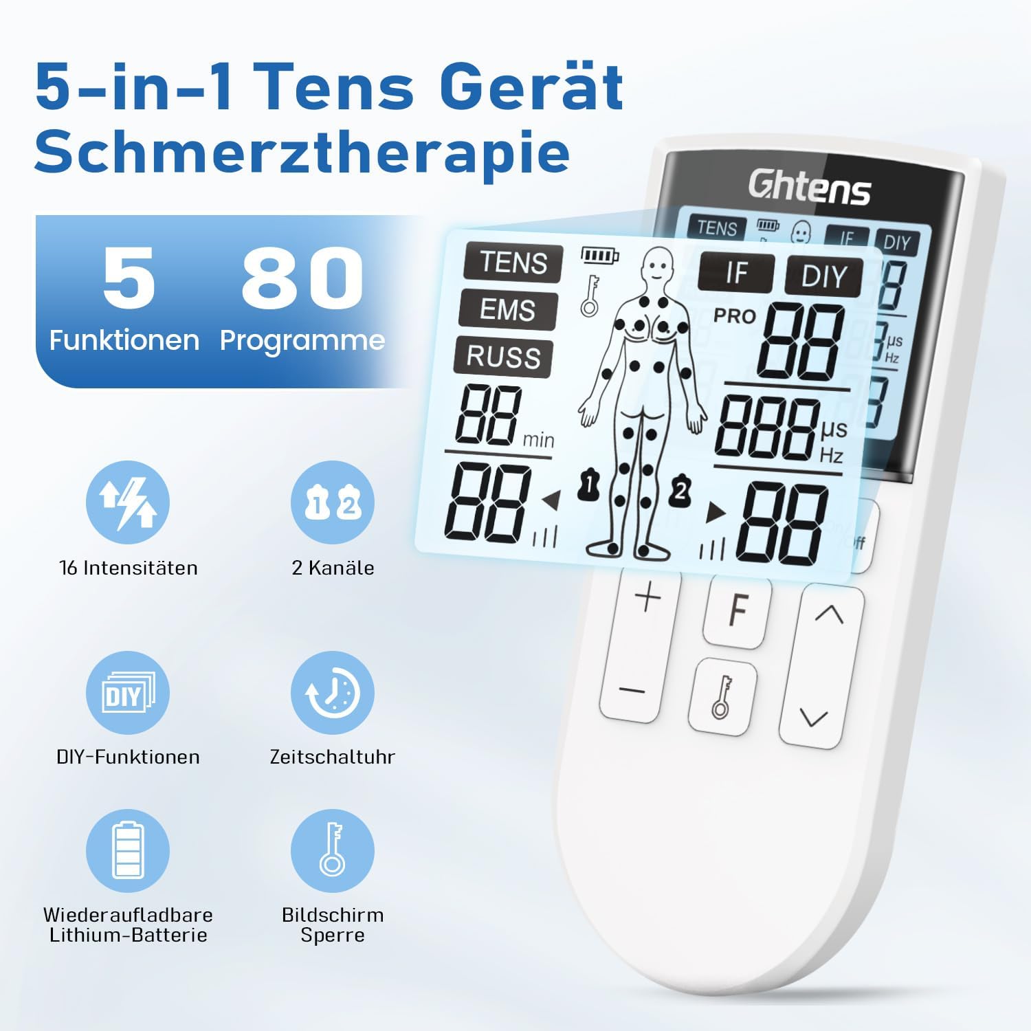 GHTENS TENS-Gerät Schmerztherapie, 5-in-1 Reizstromgerät (TENS/EMS/IF/RUSS/DIY) zur Schmerzlinderung durch elektrische Nervenstimulation, mit 80 Massageprogrammen, 2 Kanälen und 8 Elektrodenpads – Bild 3