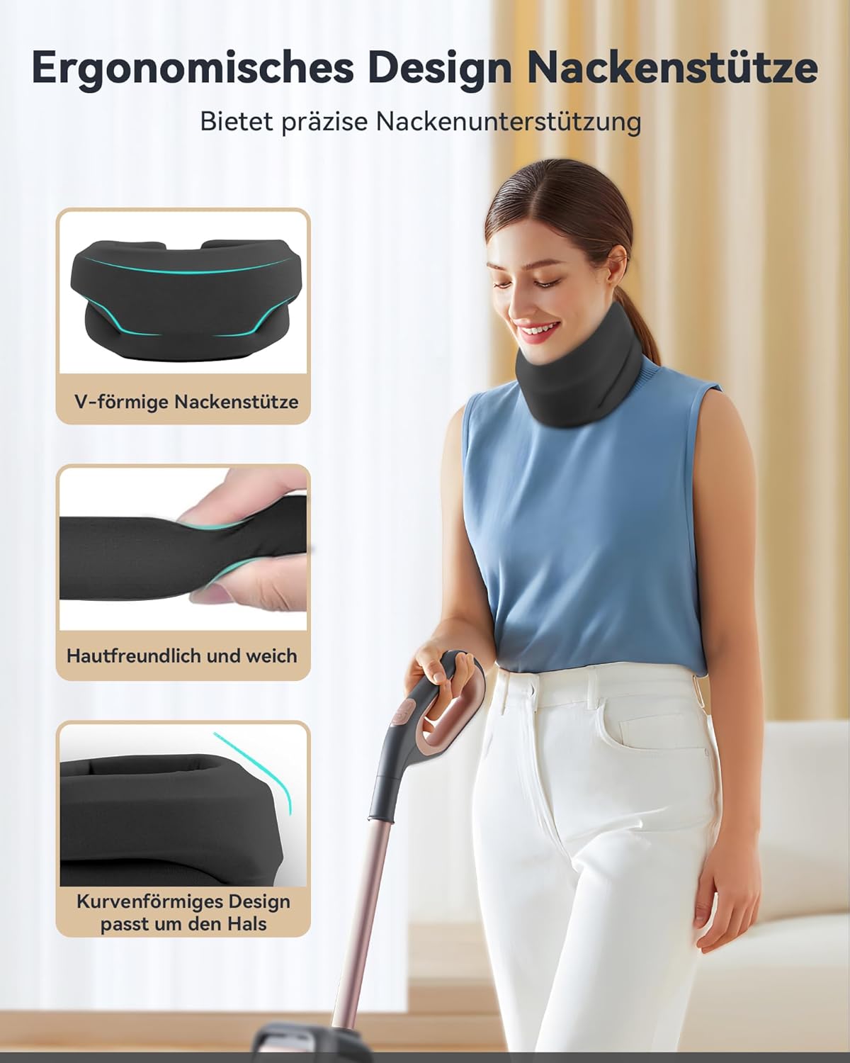 Nackenstütze bei Nackenschmerzen, weiche & verstellbare Nackenstütze zum Schlafen, Nackenstütze zur Unterstützung der Halswirbelsäule, Druckentlastung, für Damen und Herren (Schwarz, M) – Bild 2