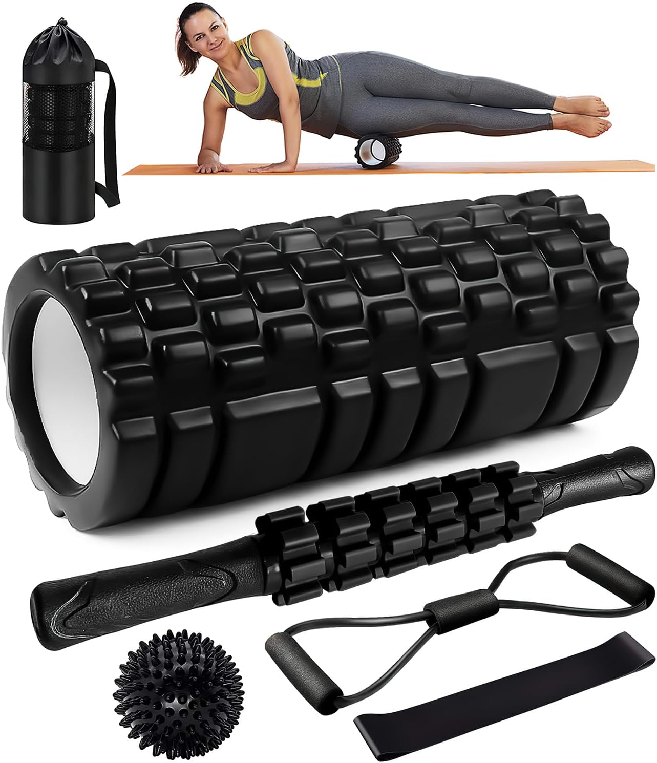 Faszienrolle, Qveetry 6-in-1 Schaumstoffrolle, Faszienrollen-Sets mit Massagerollerstange, Widerstandsbänder, Krafttraining, Massageball, Fitnessbänder, 33 cm Schaumstoffrolle für Yoga, Pilates, Sport