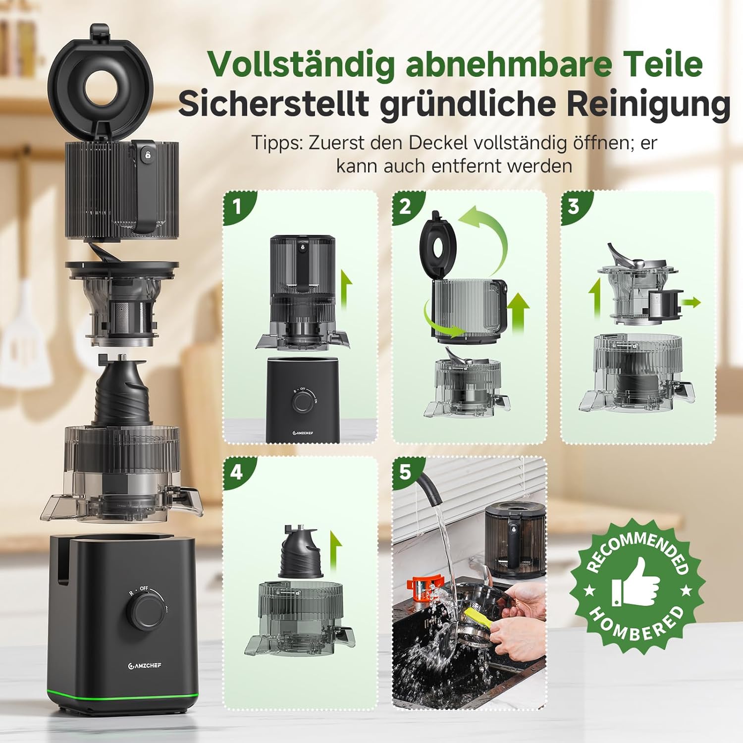 AMZCHEF Slow Juicer Entsafter für ganze Früchte & Gemüse, 155 mm XXL-Einfüllöffnung, Kaltpress-Entsafter mit hoher Saftausbeute, 2 Filter, 2,5 L Behälter, leise & leicht zu reinigen, schwarz – Bild 8