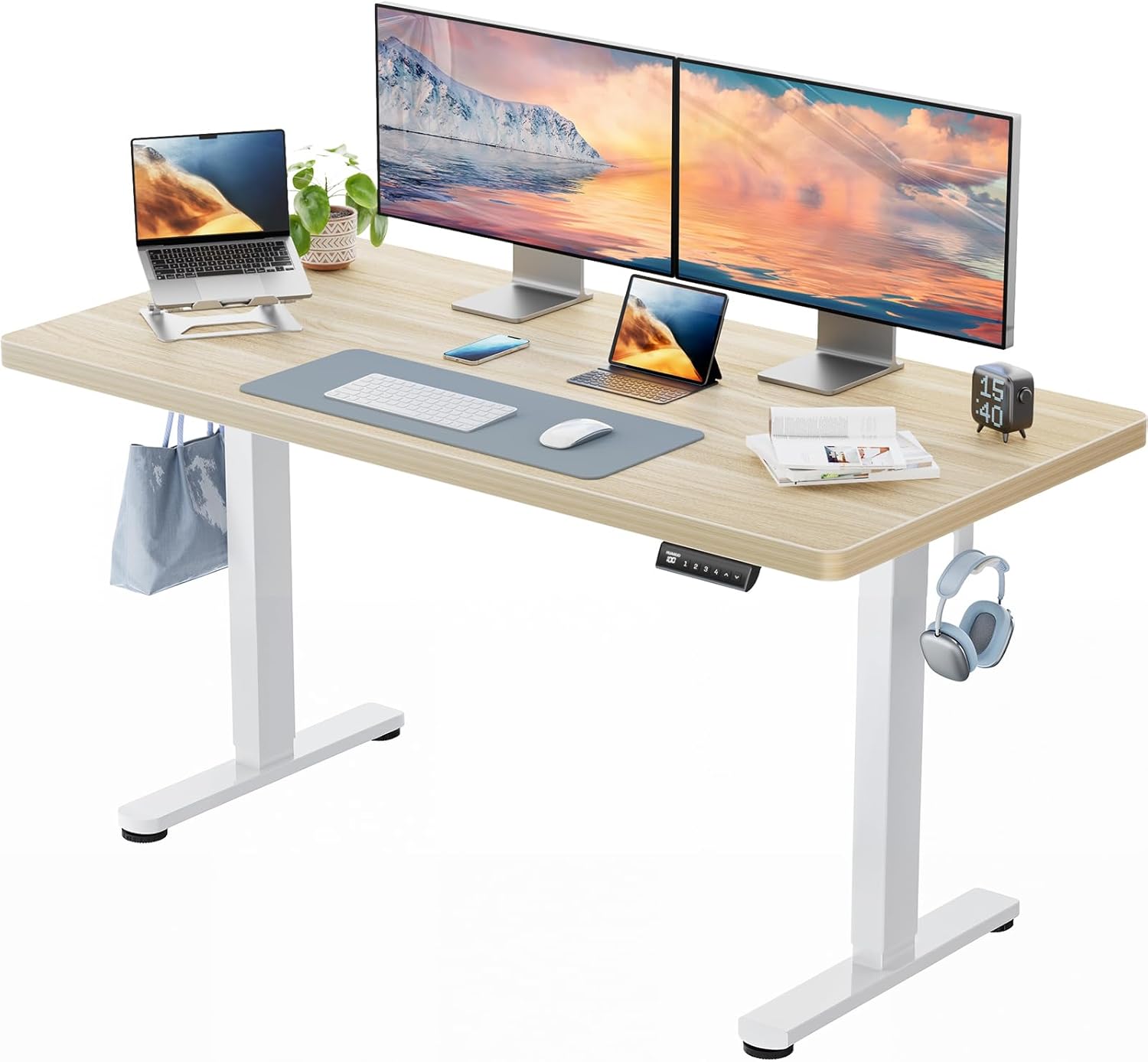 HUANUO Höhenverstellbarer Schreibtisch, 140 x 70 cm, 25 mm, ganze Tischplatte mit bürstenlosem Motor, ergonomischer Stehsitz, Tisch, Stehpult, einfache Montage, elektrischer Stehpult für Heimbüro