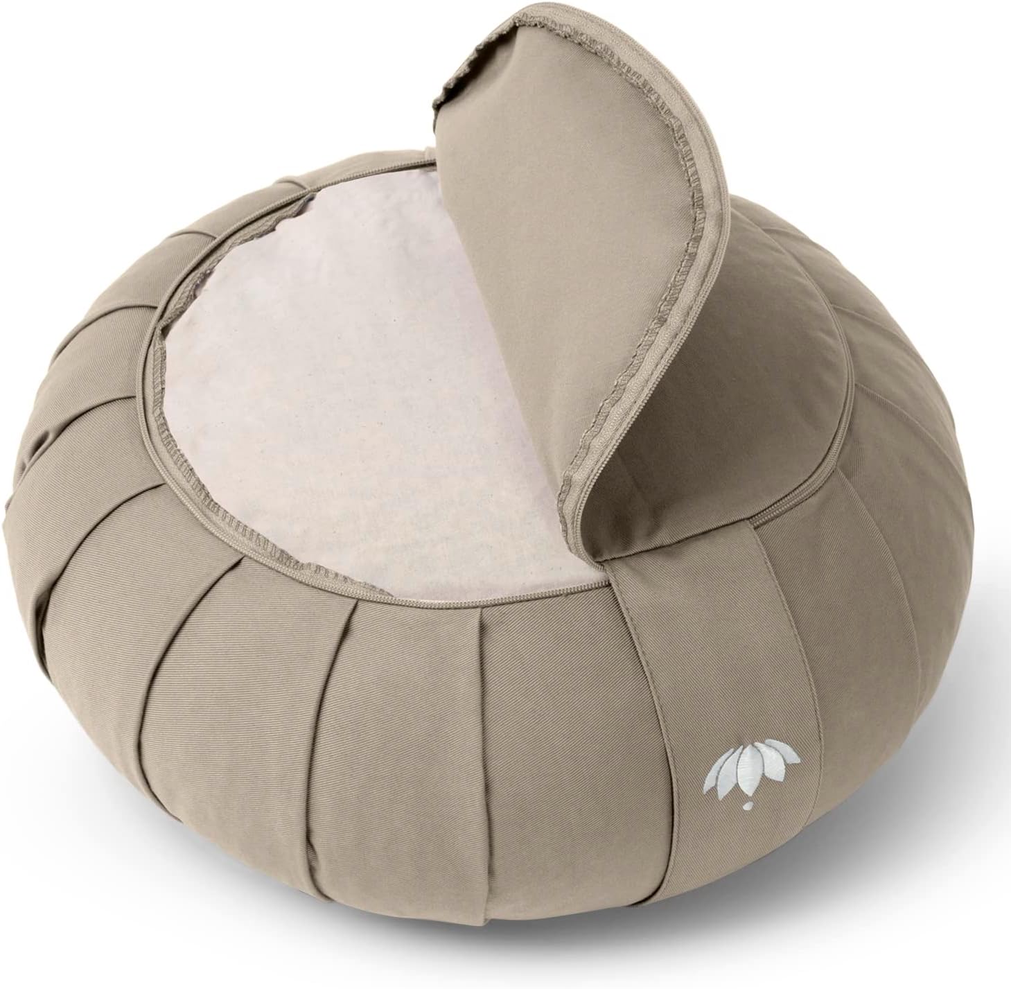 Lotuscrafts Zafu Zen Meditationskissen, Yogakissen, Sitzhöhe 15 cm, Yoga Zafu Kissen mit Dinkelfüllung, waschbarer Bezug aus Bio-Baumwolle, GOTS zertifiziert, mit Stickerei – Bild 3