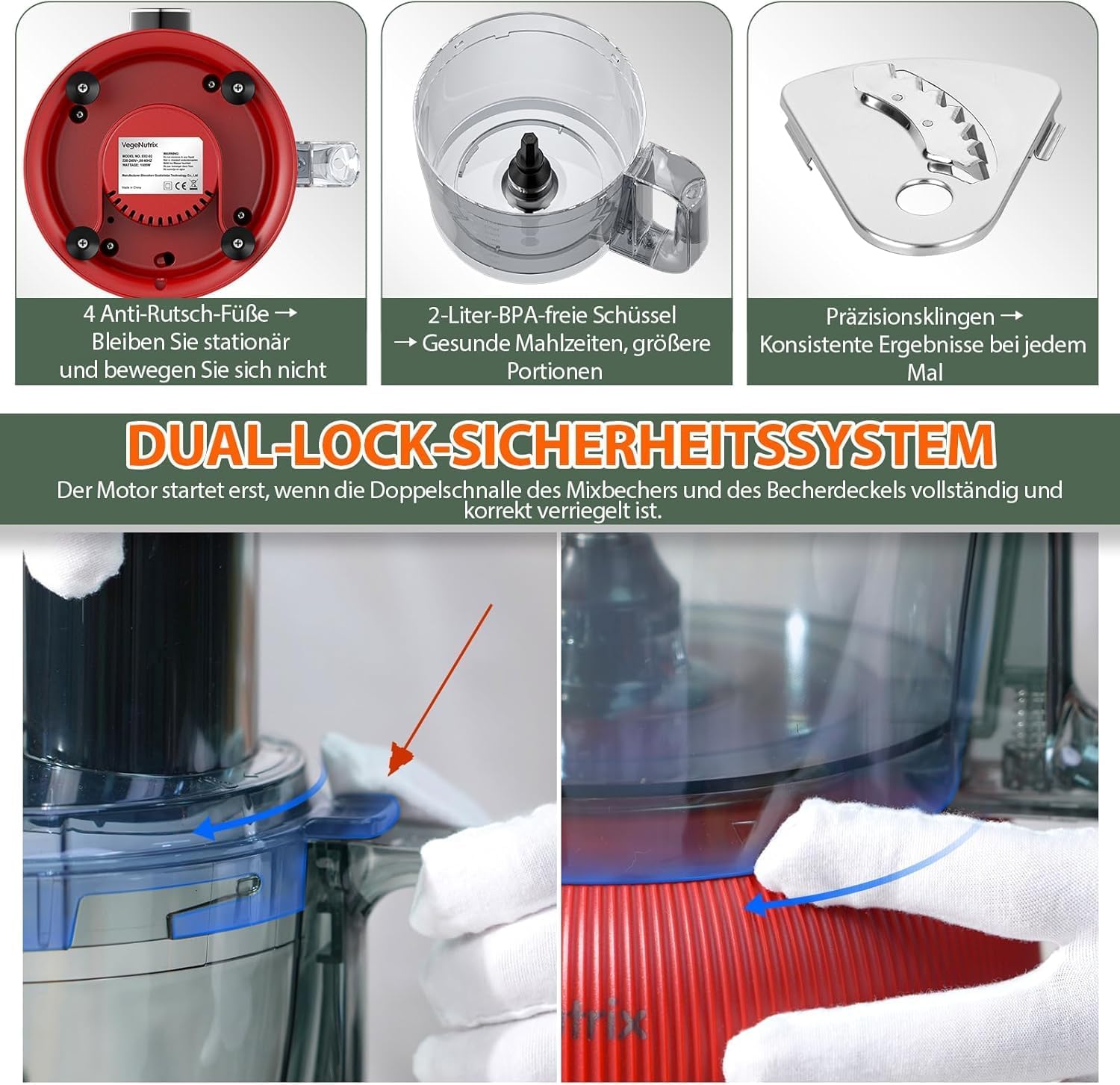 1500 W Küchenmaschine und Mixer-Kombination, 2,5 l Zerkleinerer für Fleisch, Gemüse und Teig, 2 l Standmixer mit Glasbehälter, 2 Geschwindigkeitsstufen und Pulse-Funktion für Smoothies, Saft usw. – Bild 8