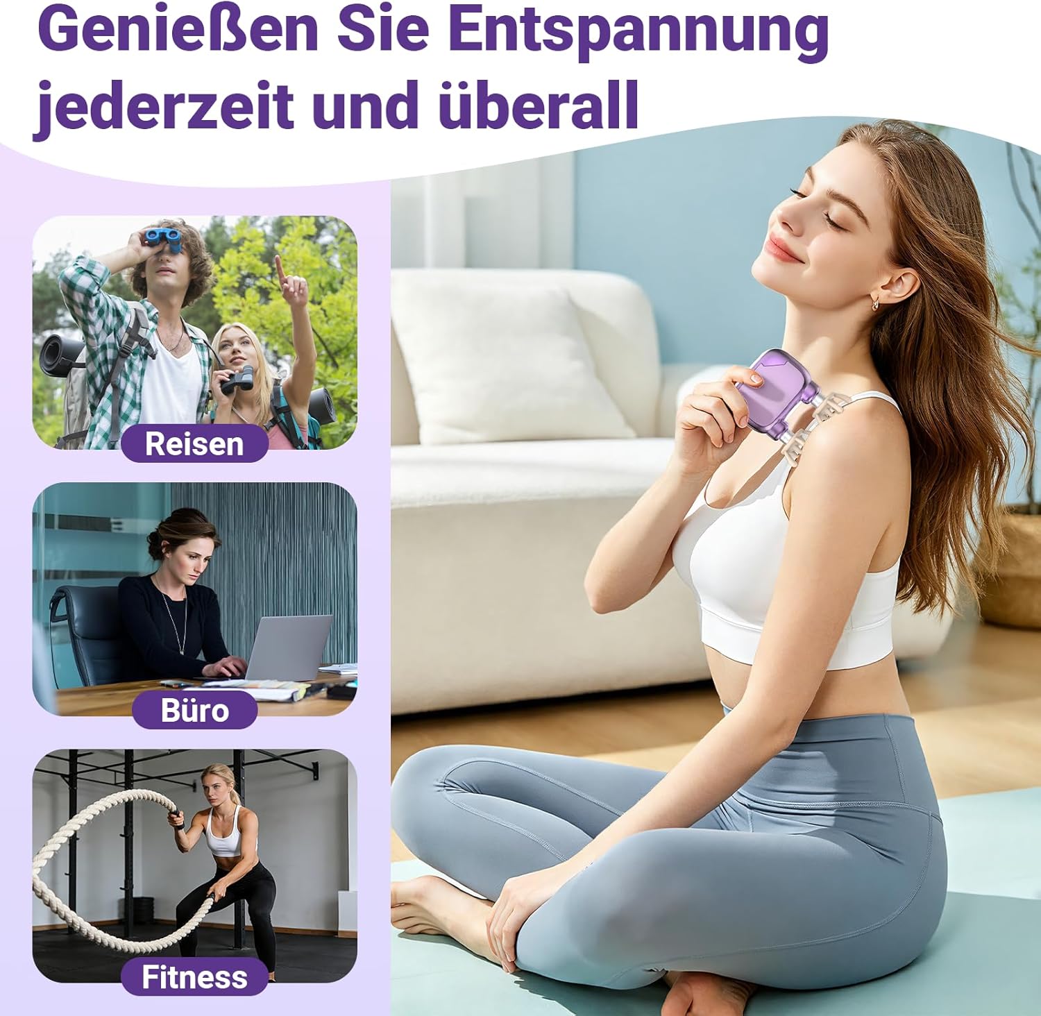 Massagepistole Mini Dual Head – Leises Nacken-Massagegerät mit 9 mm Tiefengewebe-Massage, 3 Silikonaufsätzen, tragbare Mini-Massagepistole mit 3 Intensitätsstufen (Lavendel Lila) – Bild 4