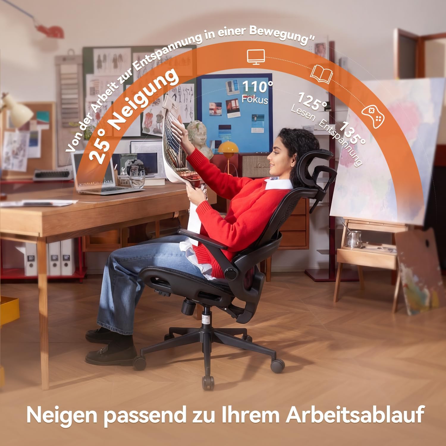 SIHOO Ergonomischer Bürostuhl, Schreibtischstuhl mit dynamischer 4D-Lendenwirbelstütze, breiter Kopfstütze und klappbaren Armlehnen, 90–135° neigbar, Schwarz – Bild 8