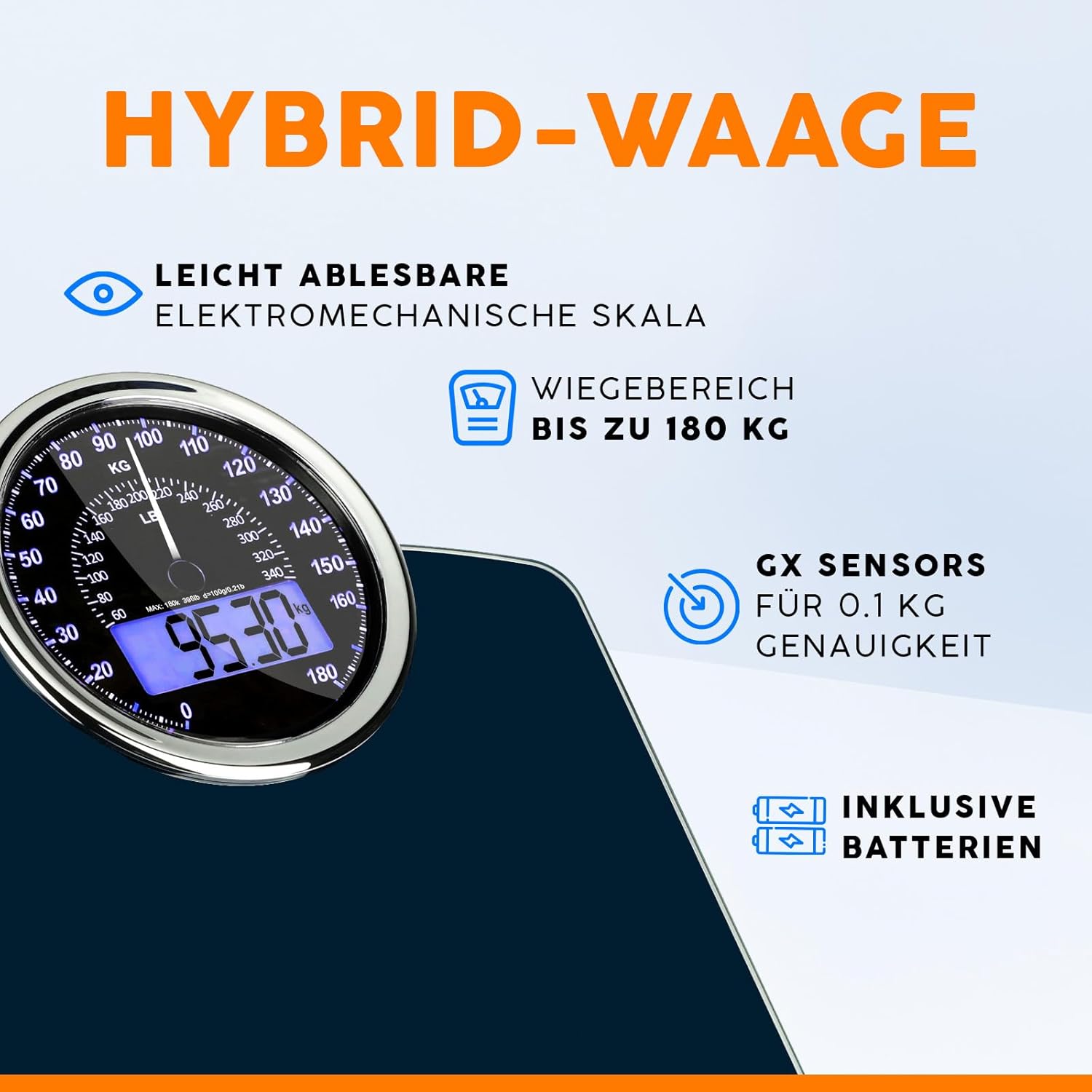 ZENO Hybrid 2-in-1 digitale und analoge Körperwaage bis 180 kg, dickes gehärtetes Glas, extra großes Display, gut ablesbare digitale Personenwaage, Dunkelblau – Bild 2