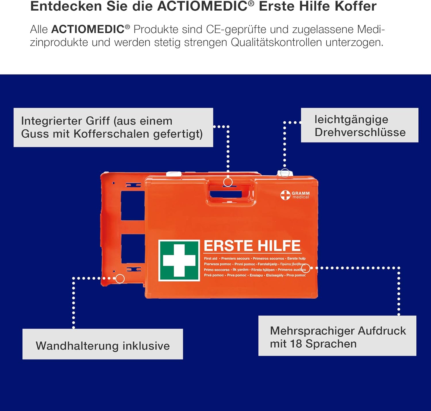 ACTIOMEDIC mobiler und stationärer Erste-Hilfe-Kasten mit Wandhalterung zur Aufbewahrung, DOMINO DIN 13157:2021 I hypoallergene Pflaster, mehrsprachig, Sehhilfen, orange, 28 x 12 x 20 cm – Bild 5