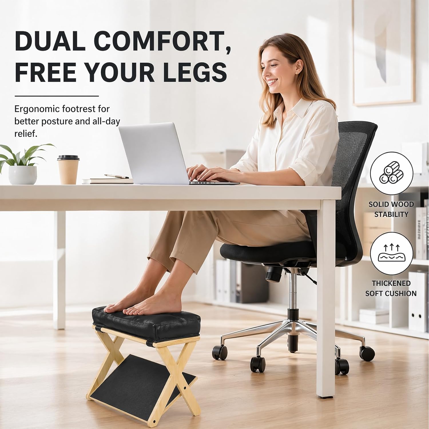 2-in-1 Fußstütze Schreibtisch, Ergonomischer Fußablage aus Holz, Rutschfeste Fußablage Fußhocker mit abnehmbarem Weichenpolster, Premium Fußbank Fußstütze für Zuhause Büro – Bild 6