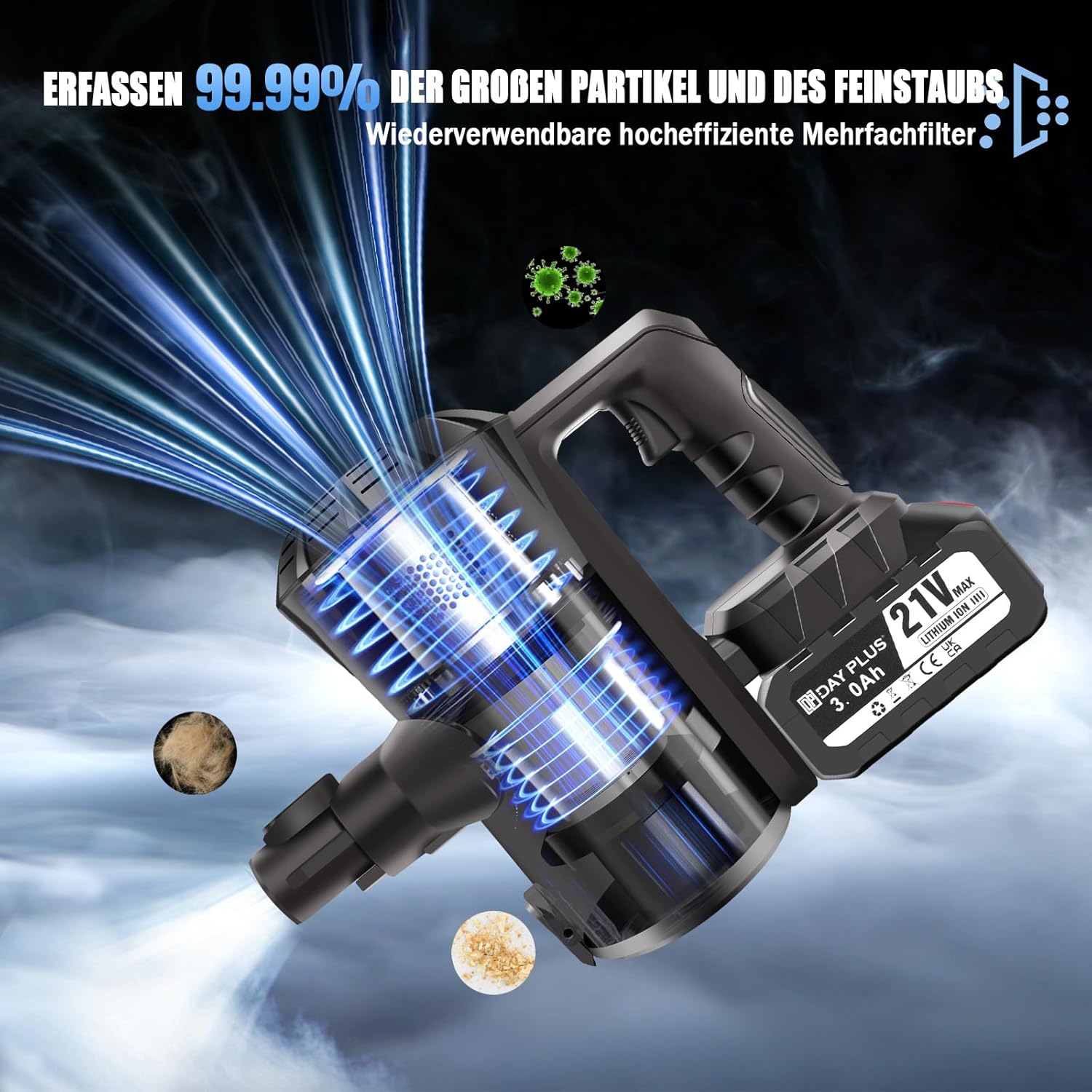 Akku-Staubsauger, 35000PA/450W/40min Staubsauger, 6-in-1-Staubsauger, Handstaubsauger mit HEPA-Filter, 3000-mAh-Akku, Ultraleichter Staubsauger kabellos für Hartböden, Teppiche, Tierhaare – Bild 3