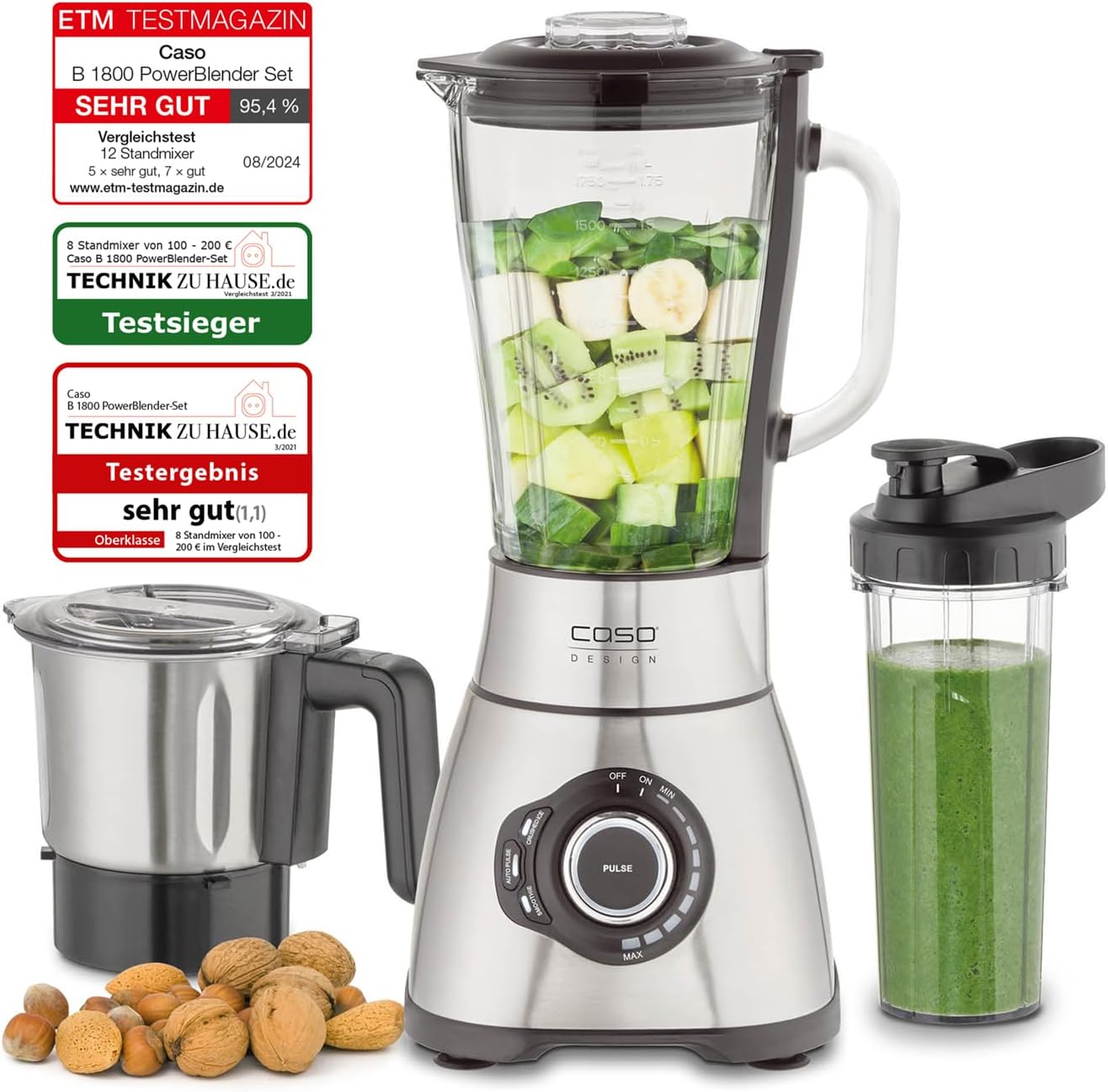 CASO B 1800 PowerBlender Set – Standmixer, 28.000 U/min, Glasbehälter 1,75 L, inklusive Trinkflasche und Zerkleinerer, Mixer Testsieger mit „Sehr gut“, Edelstahl