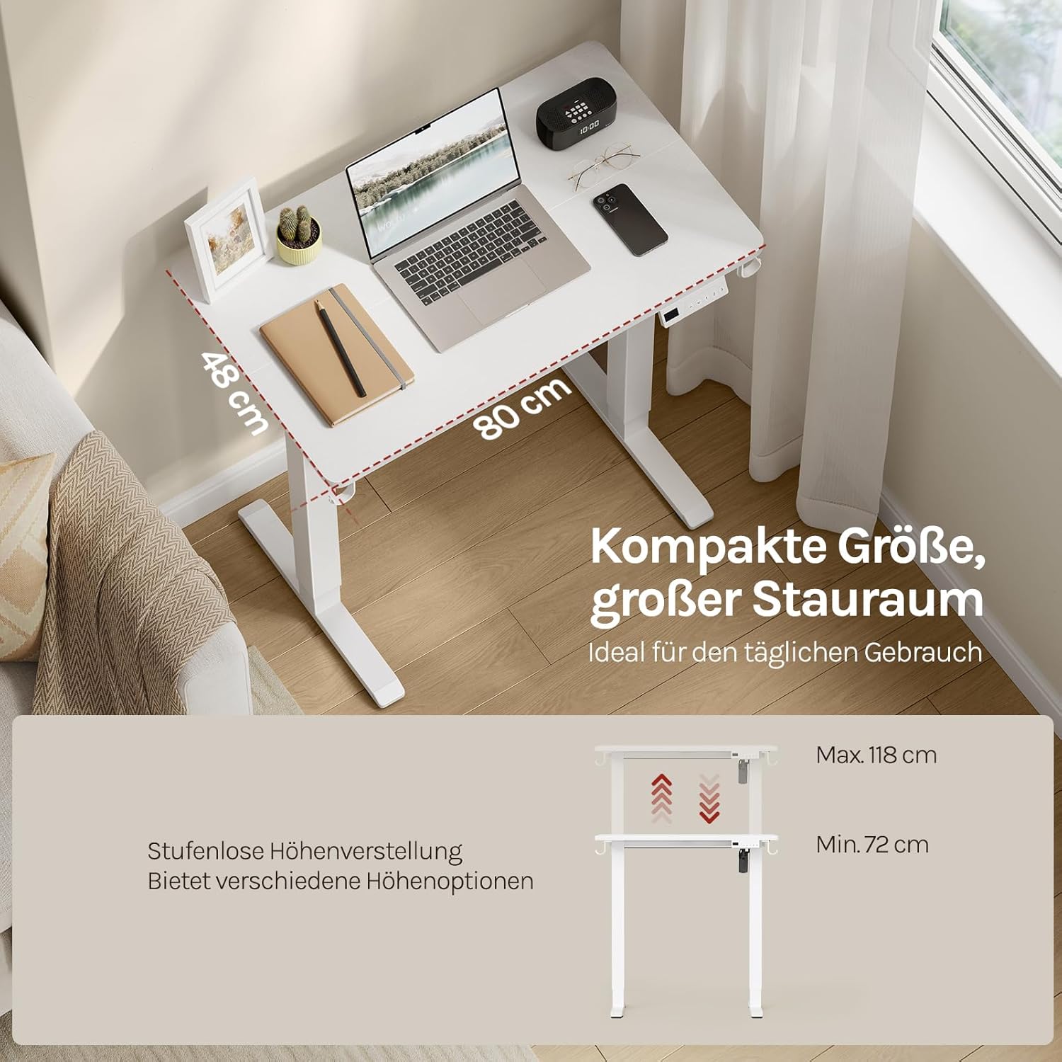 WOLTU Höhenverstellbarer elektrischer Schreibtisch mit Memory-Funktion & Kollisionsschutz, 80 kg Tragkraft, leise, Computertisch für Home Office, Arbeitszimmer, 80 x 48 cm, Weiß – Bild 8