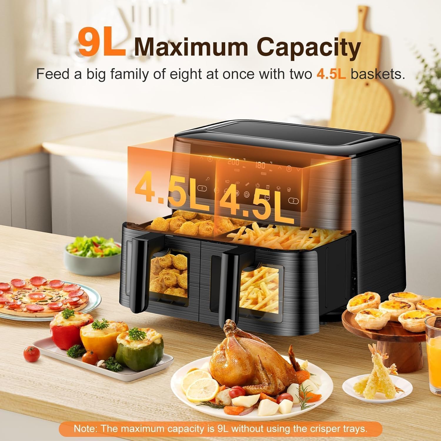 Heißluftfritteuse, 2 Kammern mit Sichtfenster, 9 l Airfryer, 2 Fächer, 9-in-1, Touchscreen, spülmaschinenfeste Körbe, antihaftbeschichtete Fritteusenkörbe, gesunde Fritteuse ohne Öl und fettarmes Kochen – Bild 9