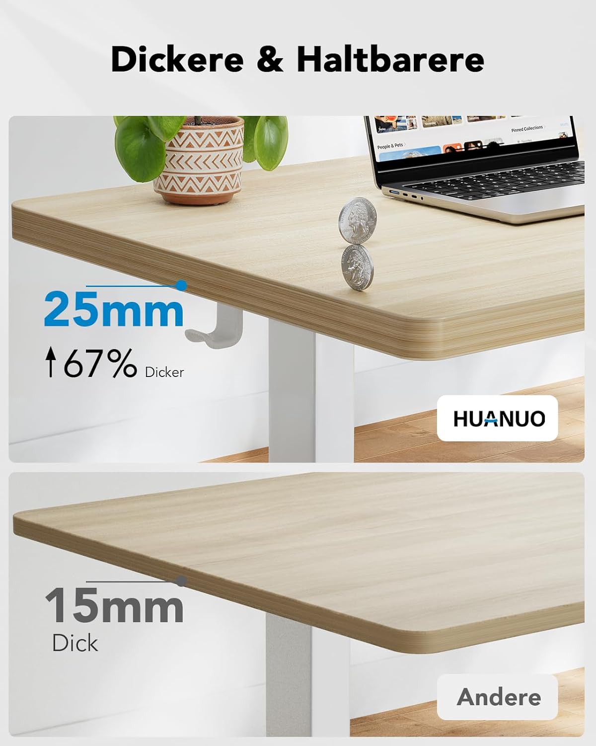 HUANUO Höhenverstellbarer Schreibtisch, 120 x 80 cm, 25 mm, ganze Tischplatte mit bürstenlosem Motor, ergonomischer Schreibtisch, höhenverstellbar, einfache Montage, elektrischer Stehschreibtisch für das Heimbüro – Bild 5
