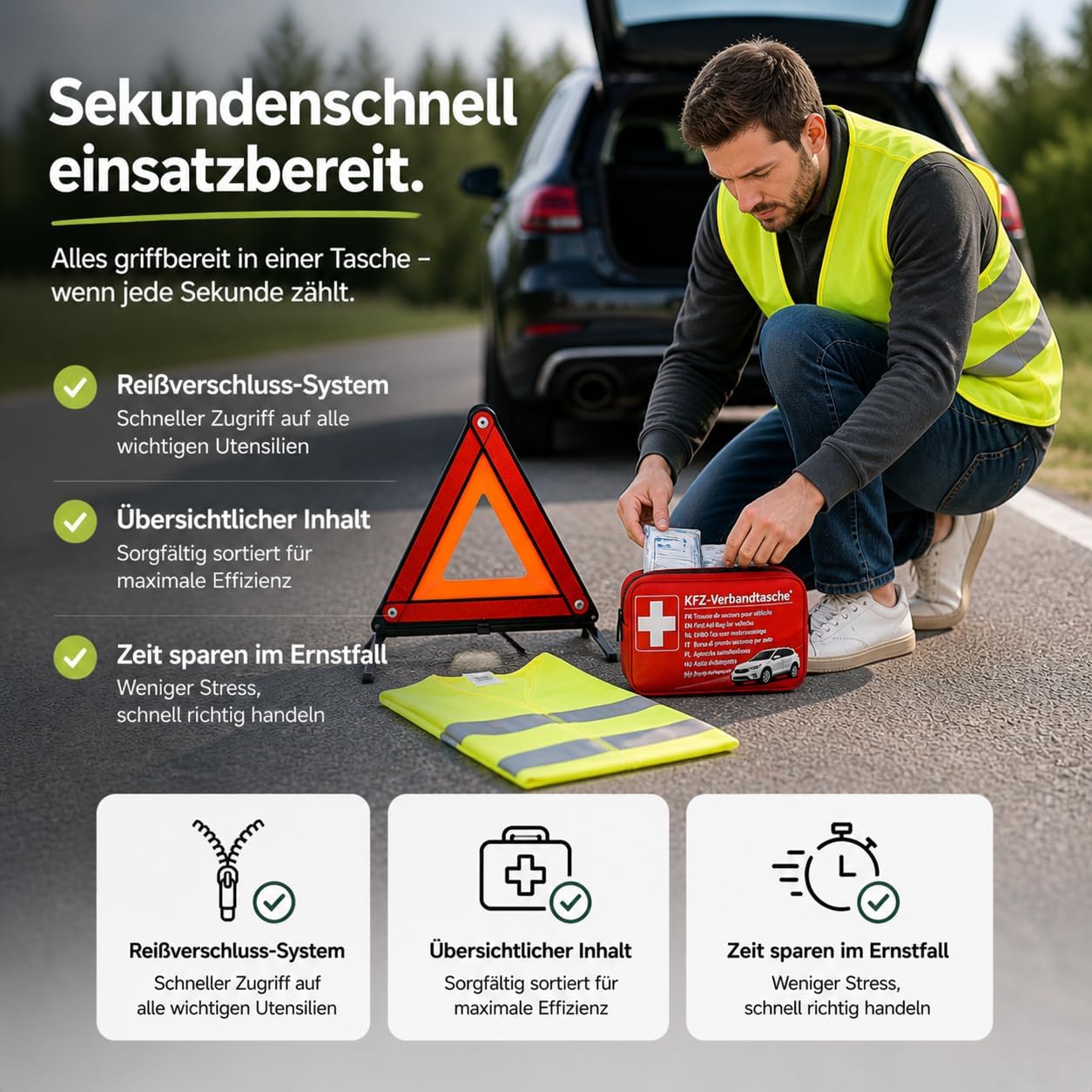 TK Gruppe Timo Klingler 6 in 1 - Kfz-Erste-Hilfe-Set 2022 - Kfz-Verbandkasten Auto - Verbandstasche & Warnweste Pannenweste Unfallweste & Warndreieck - Autozubehör für TÜV – Bild 5