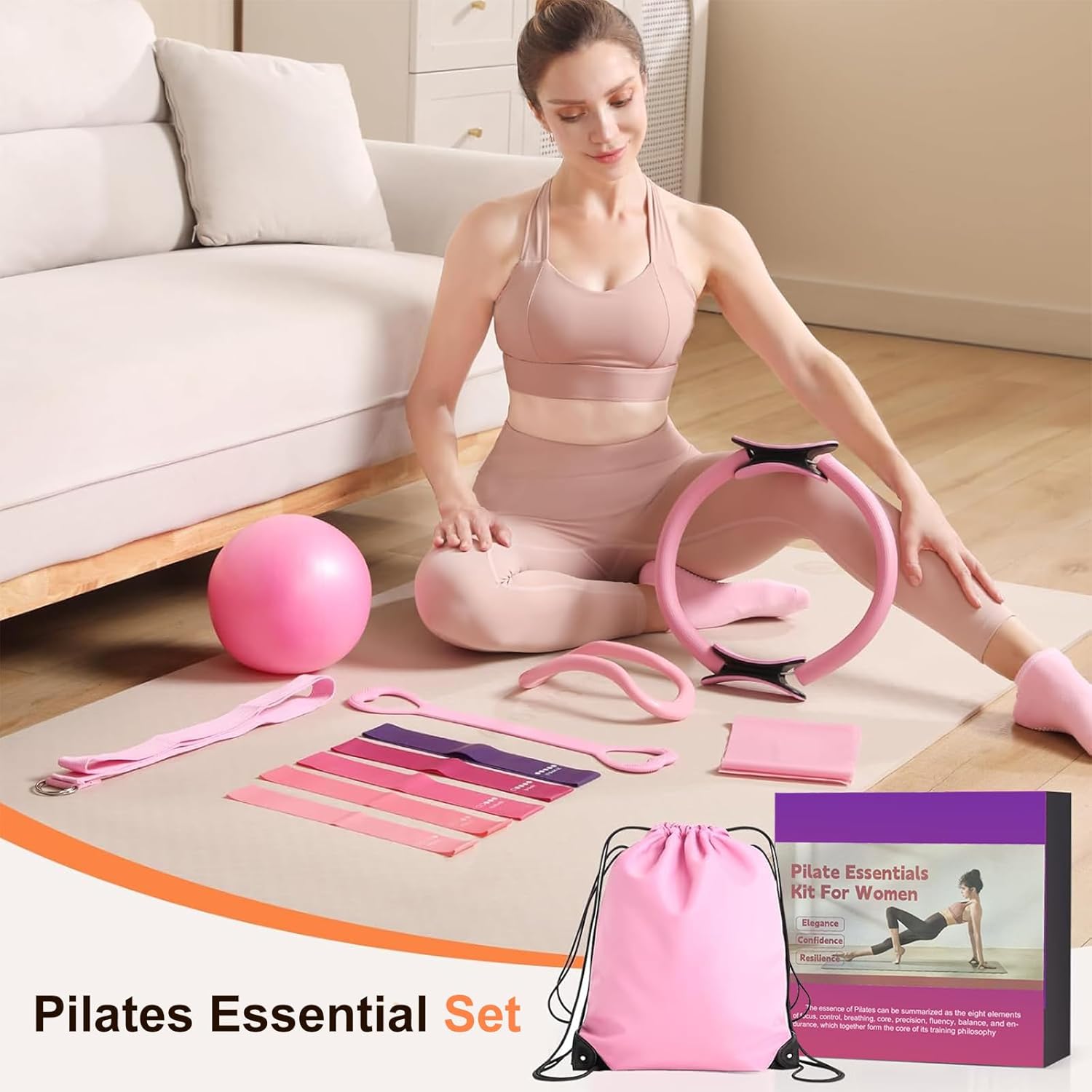 Pilates-Ring-Set, Pilates Essential Kit für Zuhause, 13-teiliges Pilates-Zubehör-Set mit Magic Circle mit Pilates-Ball, Yoga-Ring, 5 Widerstandsbändern, Trainingsanleitung und Tasche – Bild 8
