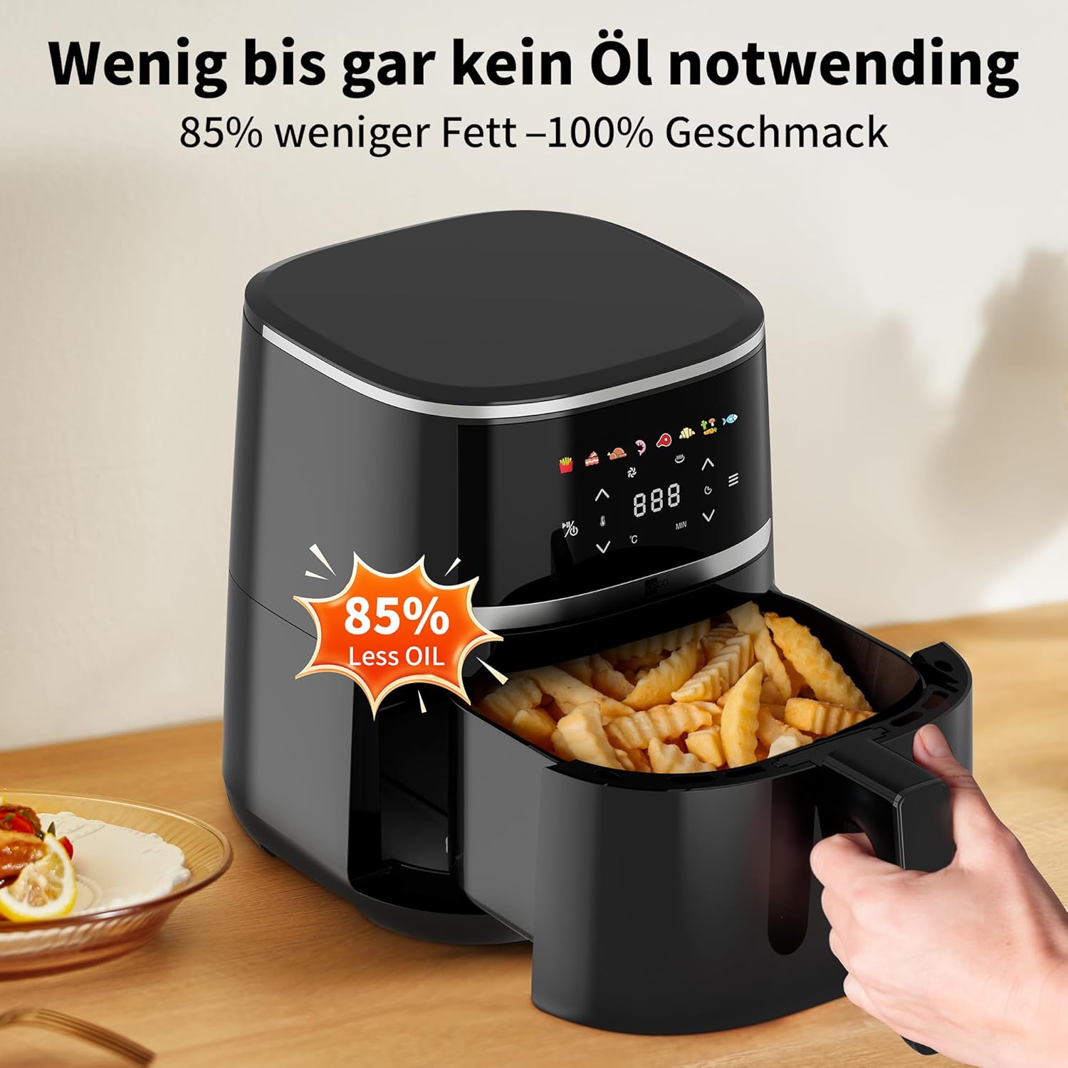 aeco Compact AirFryer 4,3 Liter Heißluftfritteuse mit digitalem Touch-Display, 1500 Watt, 80°-200° verstellbar, 8 Programme, inklusive Rezeptbuch – Bild 3