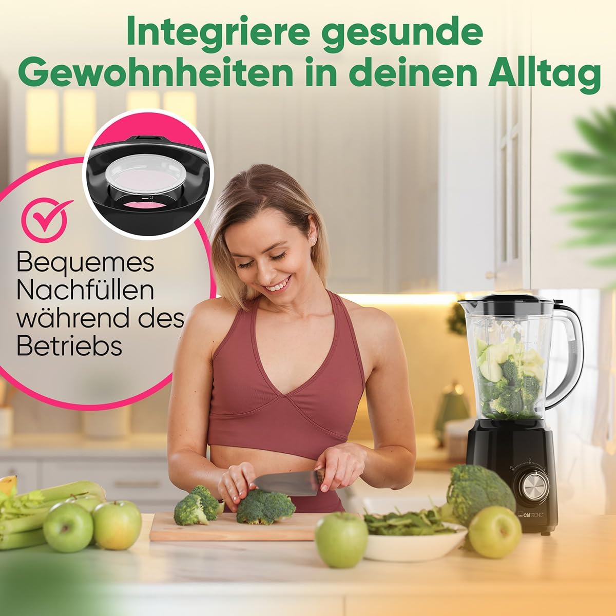 Clatronic UM 3845 Standmixer, 500 W, BPA-frei, 4-Wege-Edelstahlmesser, rostfrei, 1,5 l, Smoothie-Maker, Eis-Crush-Funktion, 3 Stufen, Turbo-Funktion, Deckel mit Nachfüllöffnung – Bild 5