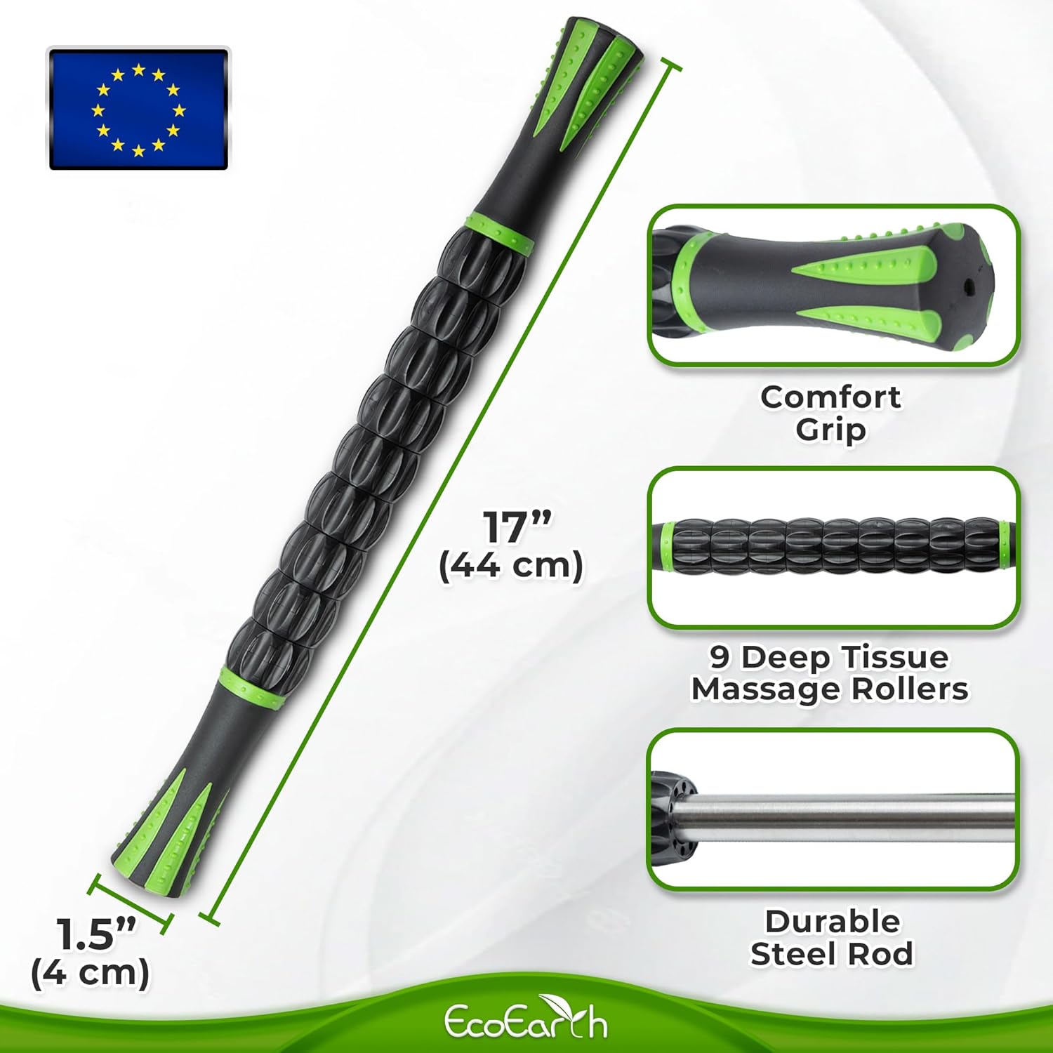 EcoEarth Faszienroller – Lymphdrainage-Massagegerät, myofasziales Tiefengewebe-Entspannungsgerät – Handmassagestab zur Schmerzlinderung – Schwarzgrün – Bild 5