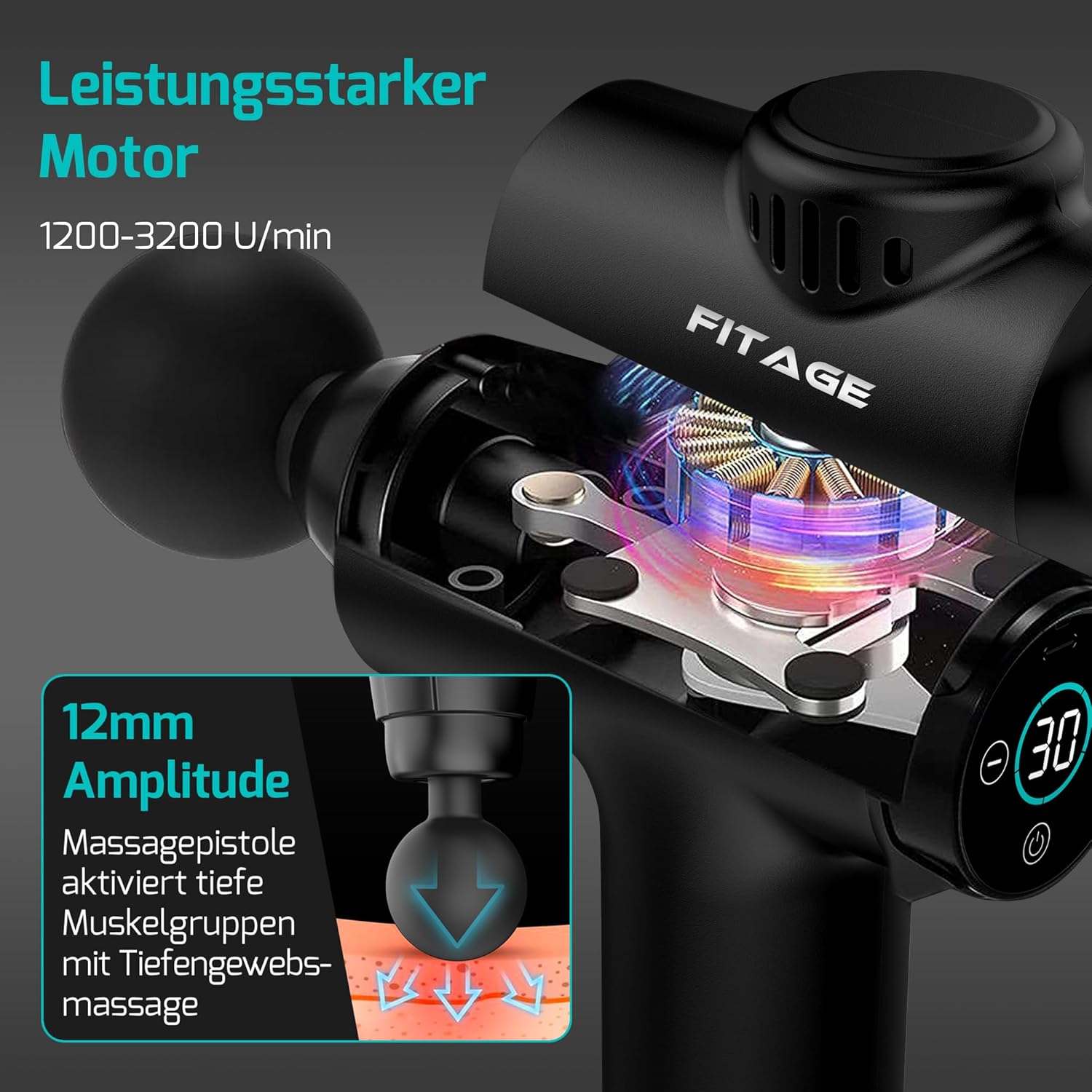 FITAGE Massagepistole, leises Massagegerät mit 30 einstellbaren Geschwindigkeitsstufen, Massagepistole, 8 Aufsätze für Tiefengewebe, Schulter, Rücken und Ganzkörperentspannung, Massagepistole – Mini – Bild 4