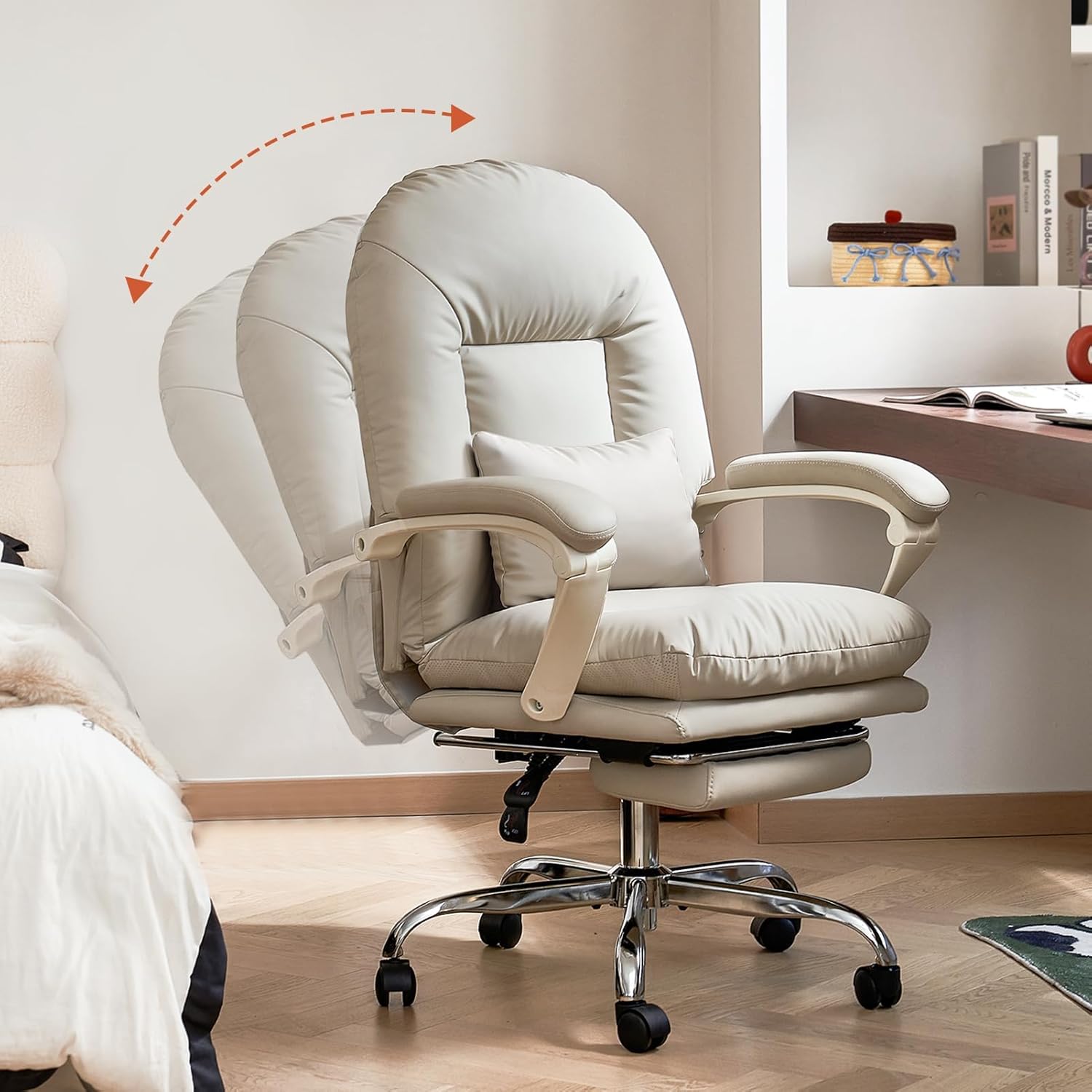 EMIAH Ergonomischer Bürostuhl mit Fußstütze, verstellbarer Schreibtischstuhl, PU-Leder, bequeme moderne Kosmetikstühle mit Rollen, niedlicher Computerstuhl mit mittlerer Rückenlehne für Zuhause, maximale Belastung 150 kg, Beige – Bild 3
