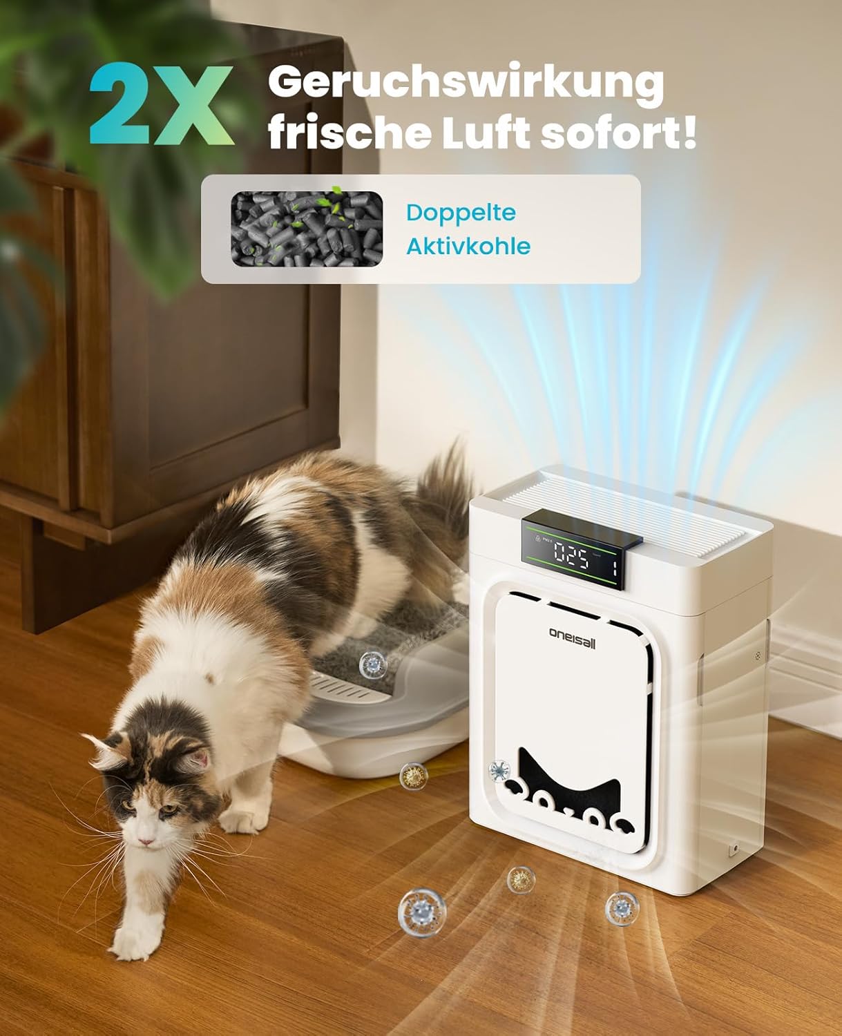 oneisall Luftreiniger mit waschbarem HEPA-Filter, CADR 320 m³/h, 204 m², 20 dB, leiser Luftreiniger für Allergiker, gegen 99,97 % Haustiere, Tierhaare, Hautschuppen, Pollen, PM2,5, Staub, Schimmel, Gerüche – Bild 5
