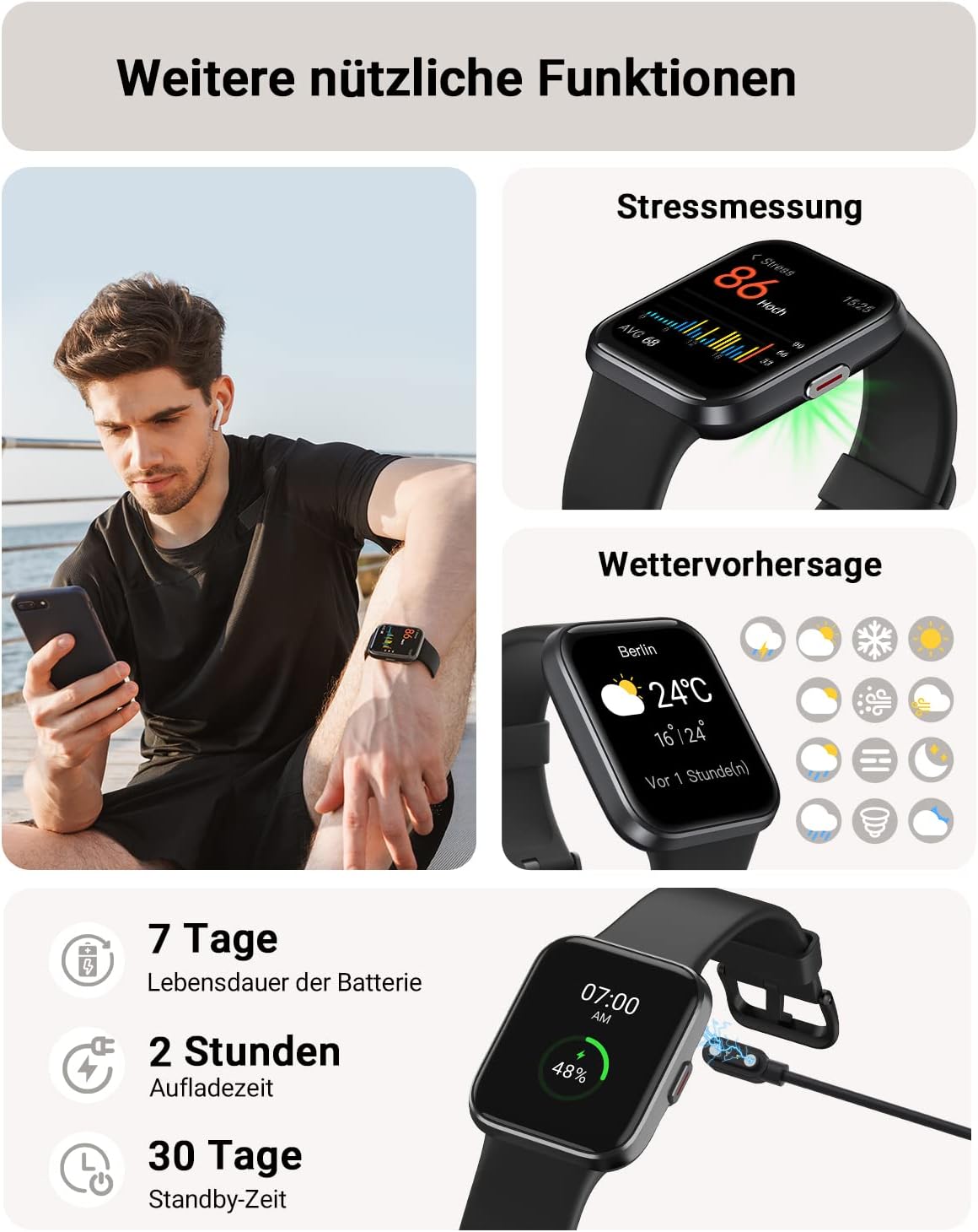 Tensky Smartwatch Herren mit Telefonfunktion 1,85 Zoll Damen Smartwatch Alexa integriert 3ATM, 110+ Sportmodi, Schrittzähler Herzfrequenz Schlaf SpO2 Fitnessuhr 350 mAh für Android iOS – Bild 6