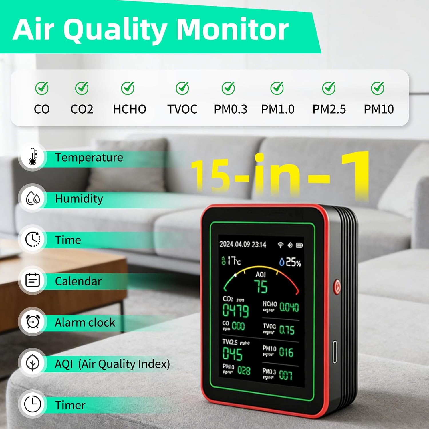Raumluftqualitätsmonitor, 15-in-1-WLAN-Smart-Luftqualitätsmonitor mit App-Steuerung, erkennt PM2,5, PM10, PM0,3, PM1,0, CO2, CO, TVOC, HCHO, Temperatur, Luftfeuchtigkeit für Zuhause – Bild 3