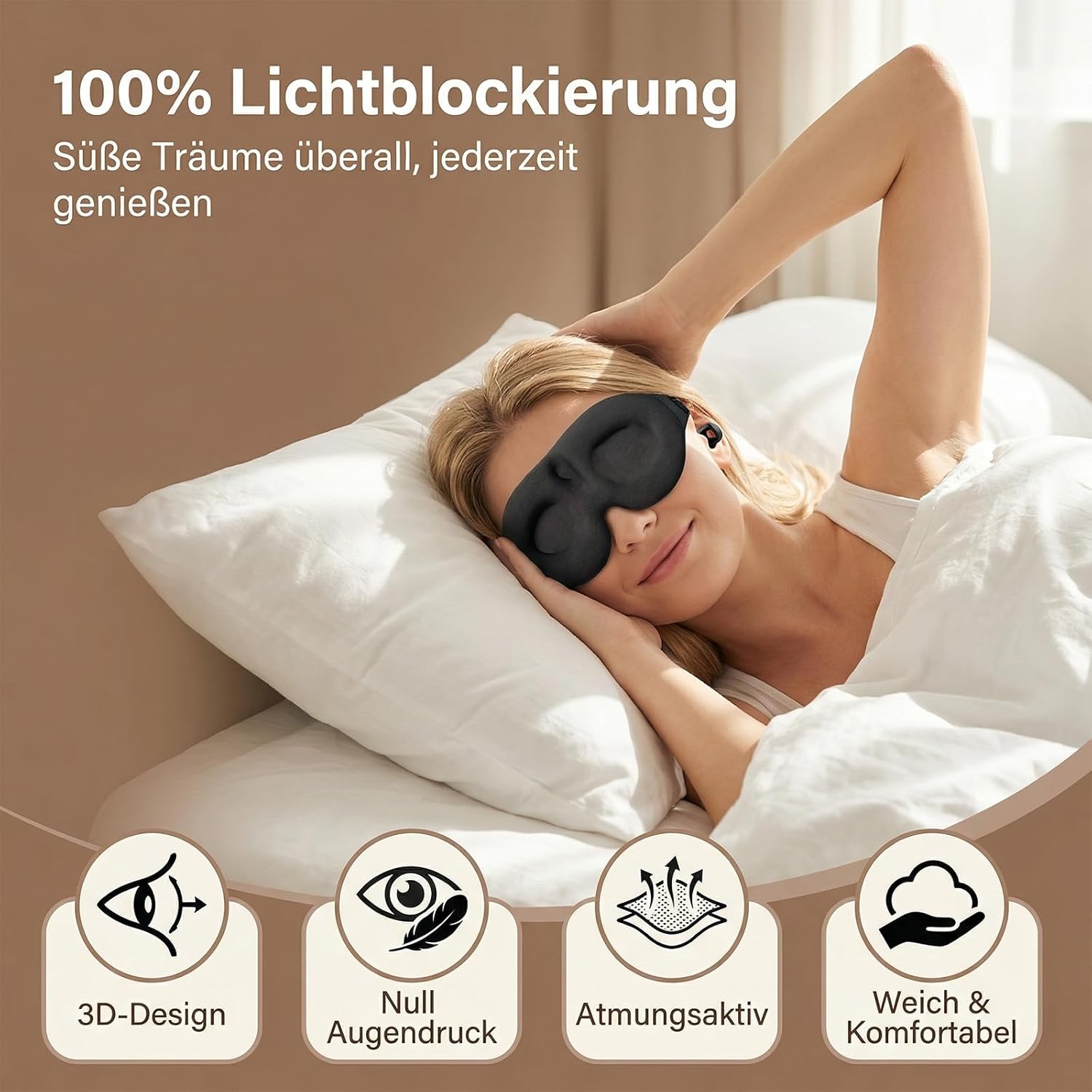 2 Stück Augenmaske Schlafmaske für Herren und Frauen, 3D Lichtblockierende Schlafmaske Bequem Atmungsaktiv Druckfrei mit Verstellbar Gummiband für Reisen, 3 Paar Ohrstöpseln (Schwarz) – Bild 3