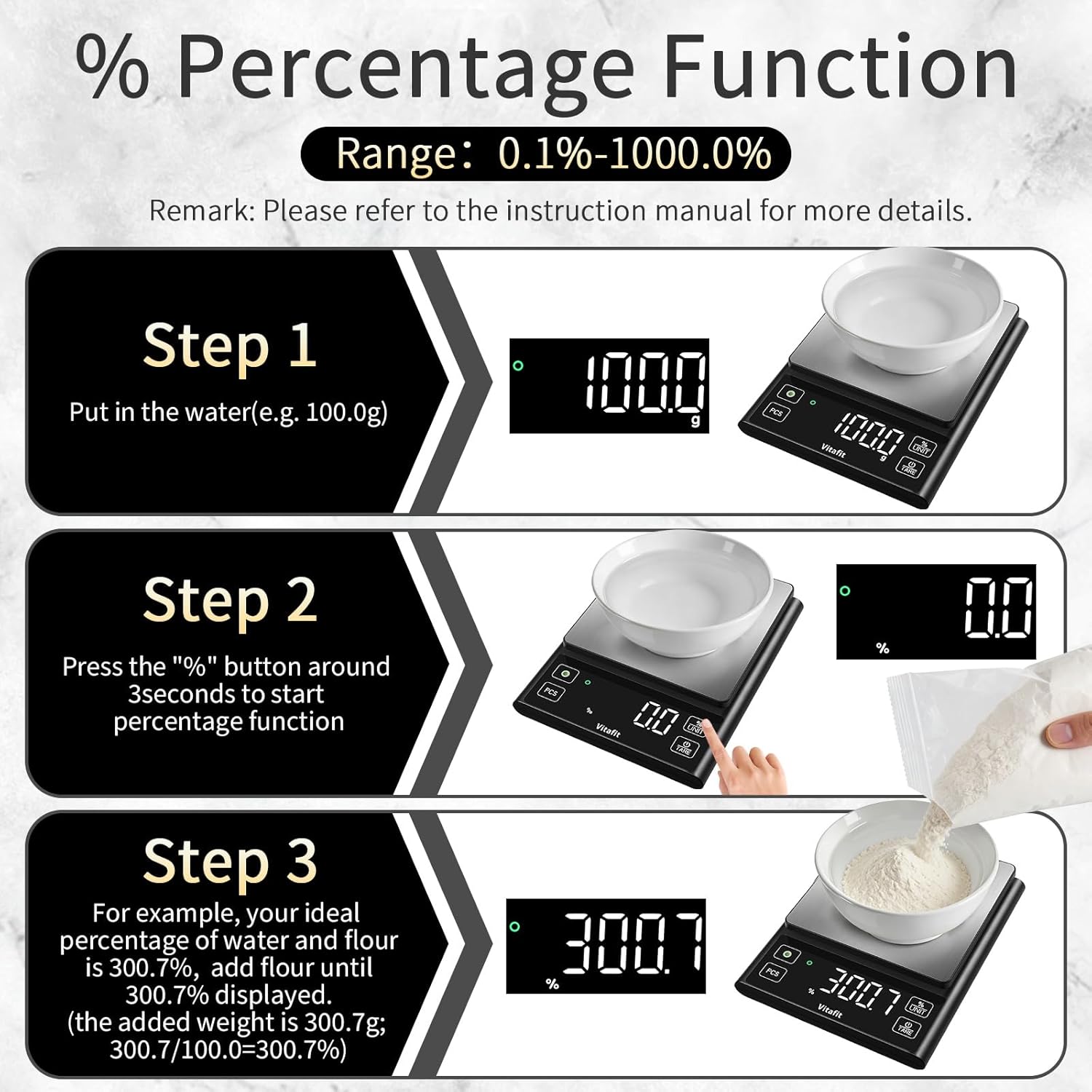 Vitafit 5kg Küchenwaage Digital, Hohe Genauigkeit 0,1g durch Unser Professionelle Fabrik Seit 2001, Waage Küche mit Prozentfunktion für Kochen/Backen/Kaffee, Edelstahlplattform, Großes LED, Schwarz – Bild 3