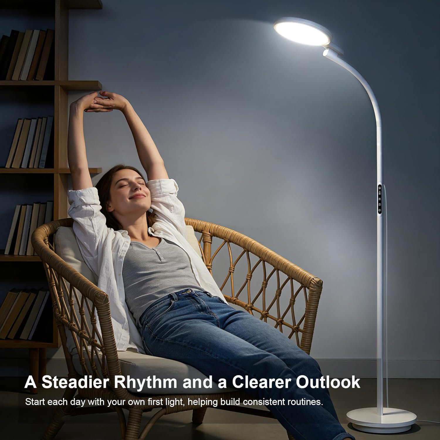3-in-1 Tageslichtlampe 10000 Lux Runde Stehleuchte Tageslichtlampe Stehleuchte, SAD Lampe mit Fernbedienung & Touch-Steuerung & verstellbarem Schwanenhals für Lesen/Büro/Zuhause (Weiß) – Bild 4