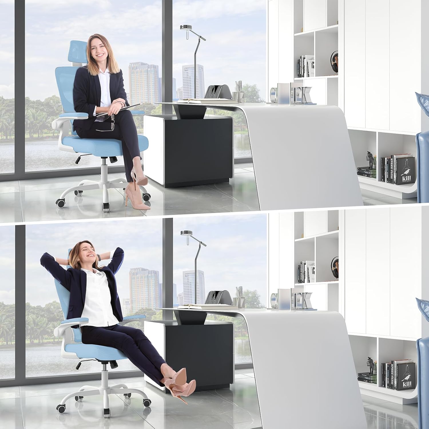 naspaluro Bürostuhl, Ergonomischer Schreibtischstuhl mit verstellbarer Kopfstütze, Armlehnen, dynamischer Lordosenstütze, Drehstuhl mit atmungsaktivem Netzbezug für das Home Office, Blau – Bild 8
