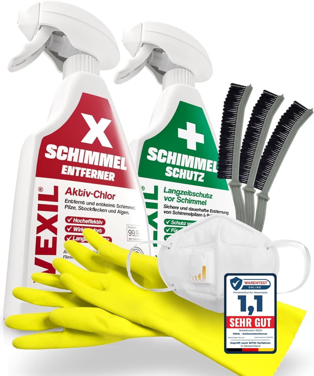 VEXIL Profi Schimmel Komplettset – Schimmelentferner & Schimmelschutz – inkl. Handschuhe, FFP3-Maske & 3 Fugenbürsten – Schimmel entfernen & bis zu 18 Monate vorbeugen – 2 x 500 ml – Hergestellt in Deutschland