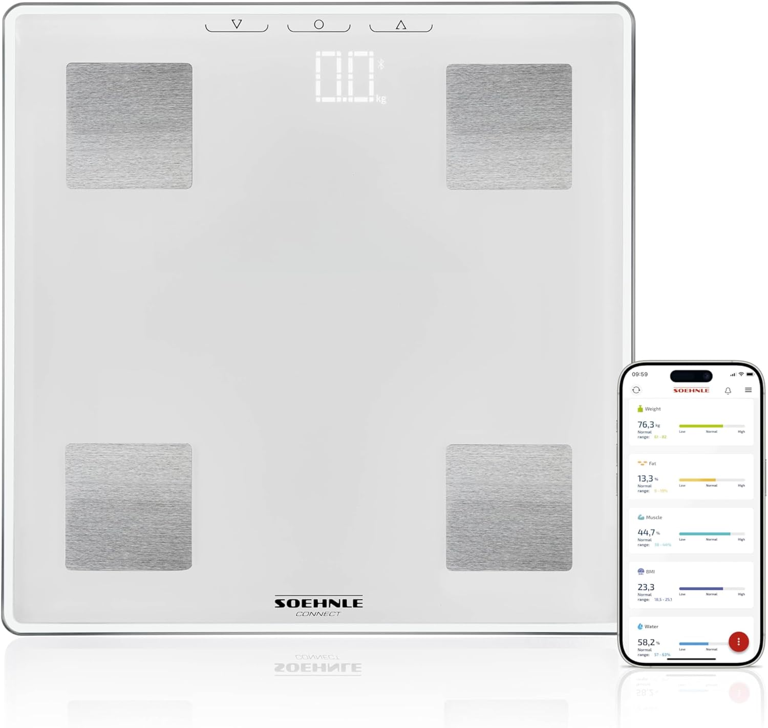 Soehnle Shape Sense Connect Lite Körperanalysewaage mit App-Anbindung, Körperanalyse Gewicht, Fett-, Wasser- und Muskelanteil, Körperfettwaage mit LED-Anzeige, weiß