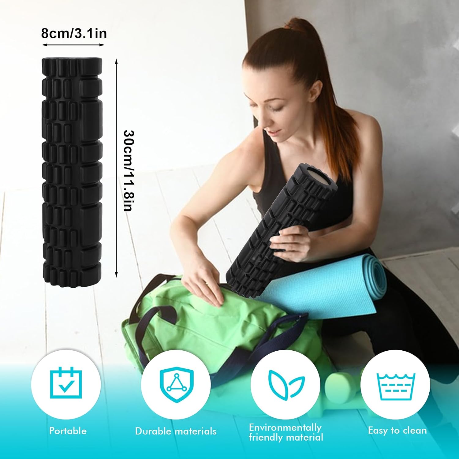 Faszienrolle mit 3D-Textur-Massage, Schaumstoffrolle Massage, Massagerolle, Fitnessrolle, Sportrolle zur Linderung von Muskelverspannungen, für Rücken, Wirbelsäule, Rücken, Beine, 30 x 8 cm (schwarz) – Bild 6