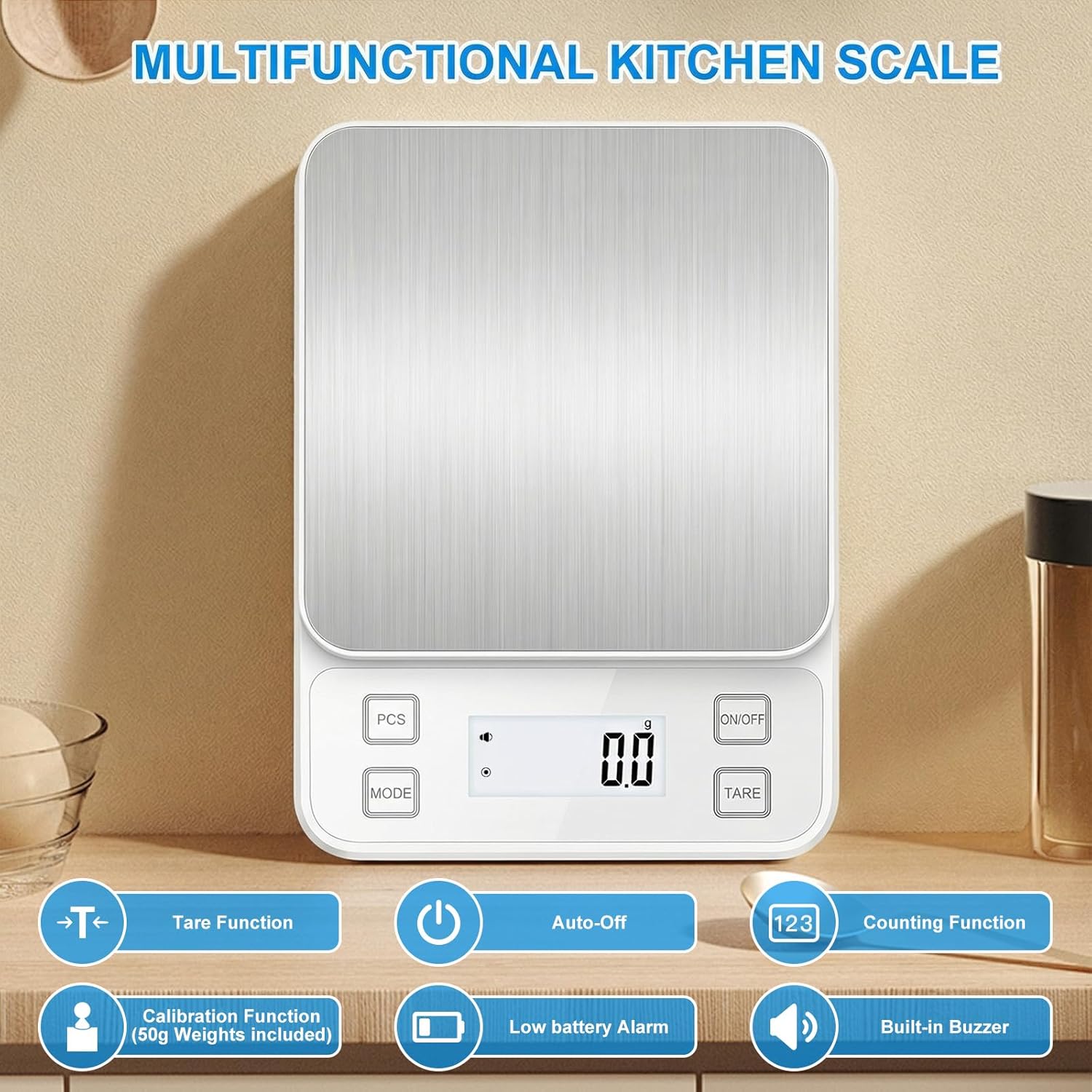 Diyife IP67 wasserdichte Küchenwaage, 0,1 g/10 kg, hochpräzise Küchenwaage, 10 Einheiten wiederaufladbar, Tara einstellbar, automatische Abschaltung, LCD-Display, Stummschaltung, Zählfunktion – Weiß – Bild 6
