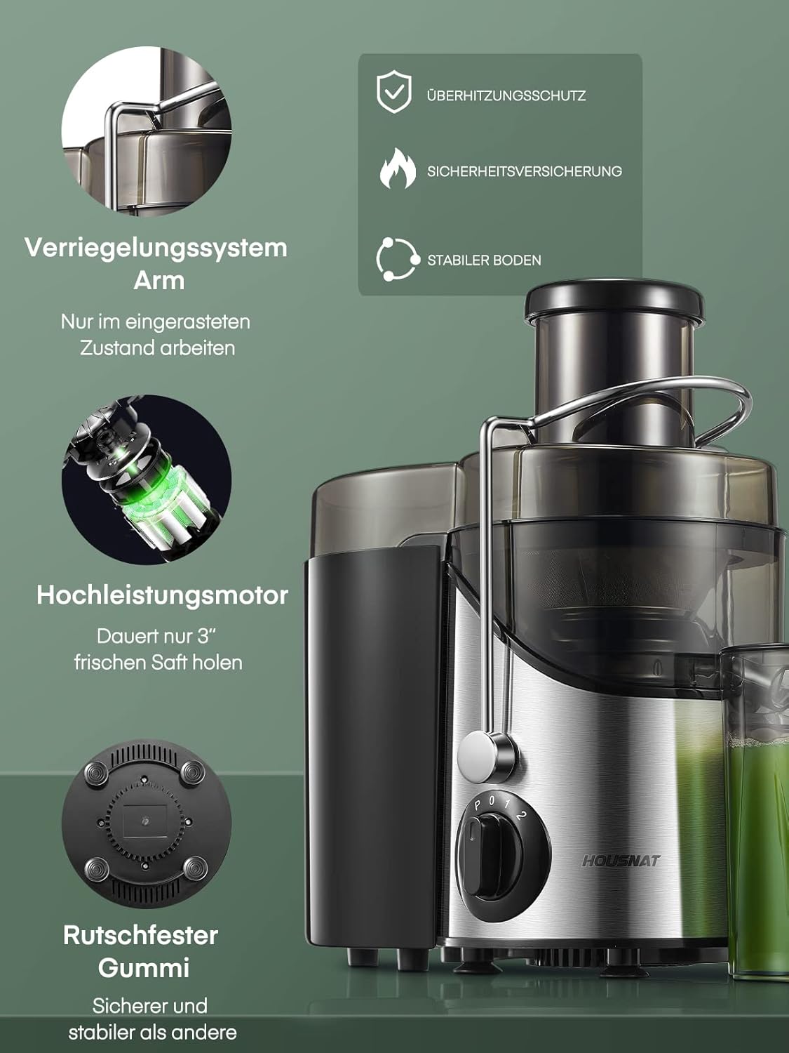HOUSNAT Entsafter Gemüse und Obst, max. 800 W, Edelstahl-Entsafter-Maschine mit 3 Geschwindigkeitsstufen, 65 mm großer Mund-Einfüllschacht, Zentrifugal-Entsafter, leicht zu reinigen, BPA-frei, 400 W – Bild 5