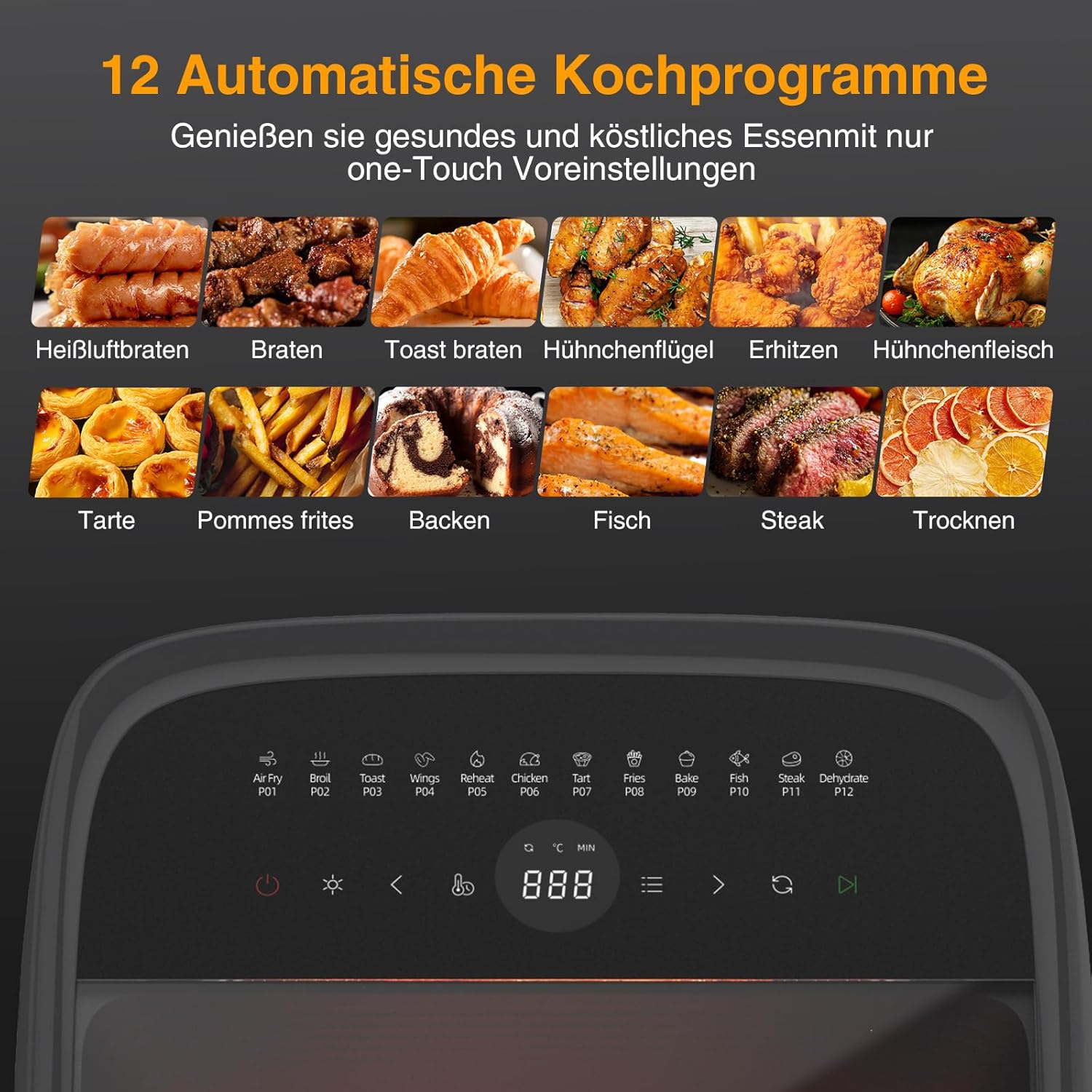 12L Heißluftfritteuse, 12-in-1-Heißluftfritteuse mit 8 Zubehörteilen, Backofen, Grill, Dörrgerät, 1800-W-Luftfritteuse ohne Öl mit 2 großen Sichtfenstern, 80-200 °C, Schwarz – Bild 5