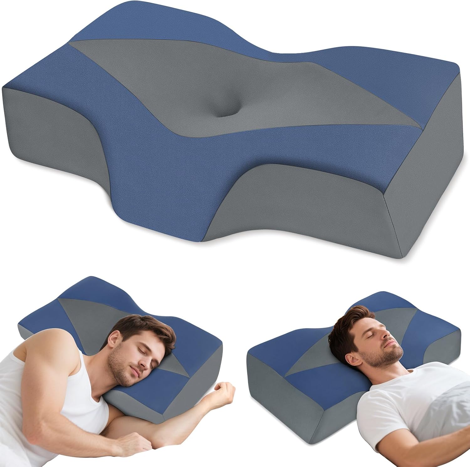 Nackenstützkissen gegen Nackenschmerzen, orthopädisches Kissen, ergonomisches Memory-Schaum-Nackenkissen mit 2 Höhen, Hohlraum und Kühlbezug, für Seiten- und Rückenschläfer – Dunkelblau – Bild 7