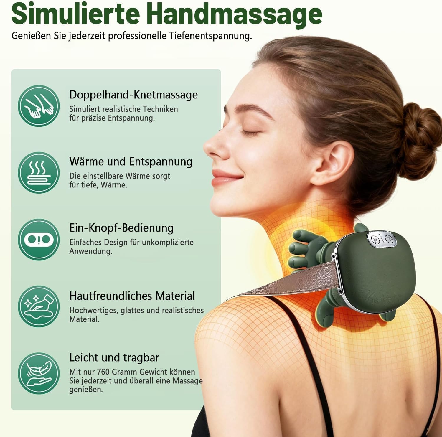 4D Bionic Hand-Nackenmassagegerät, Nackenmassagegerät, Rückenmassagegerät mit 3 Stufen und 2 Temperaturstufen, Massagegerät, Massage-Nacken für Zuhause, Büro, Reisen
