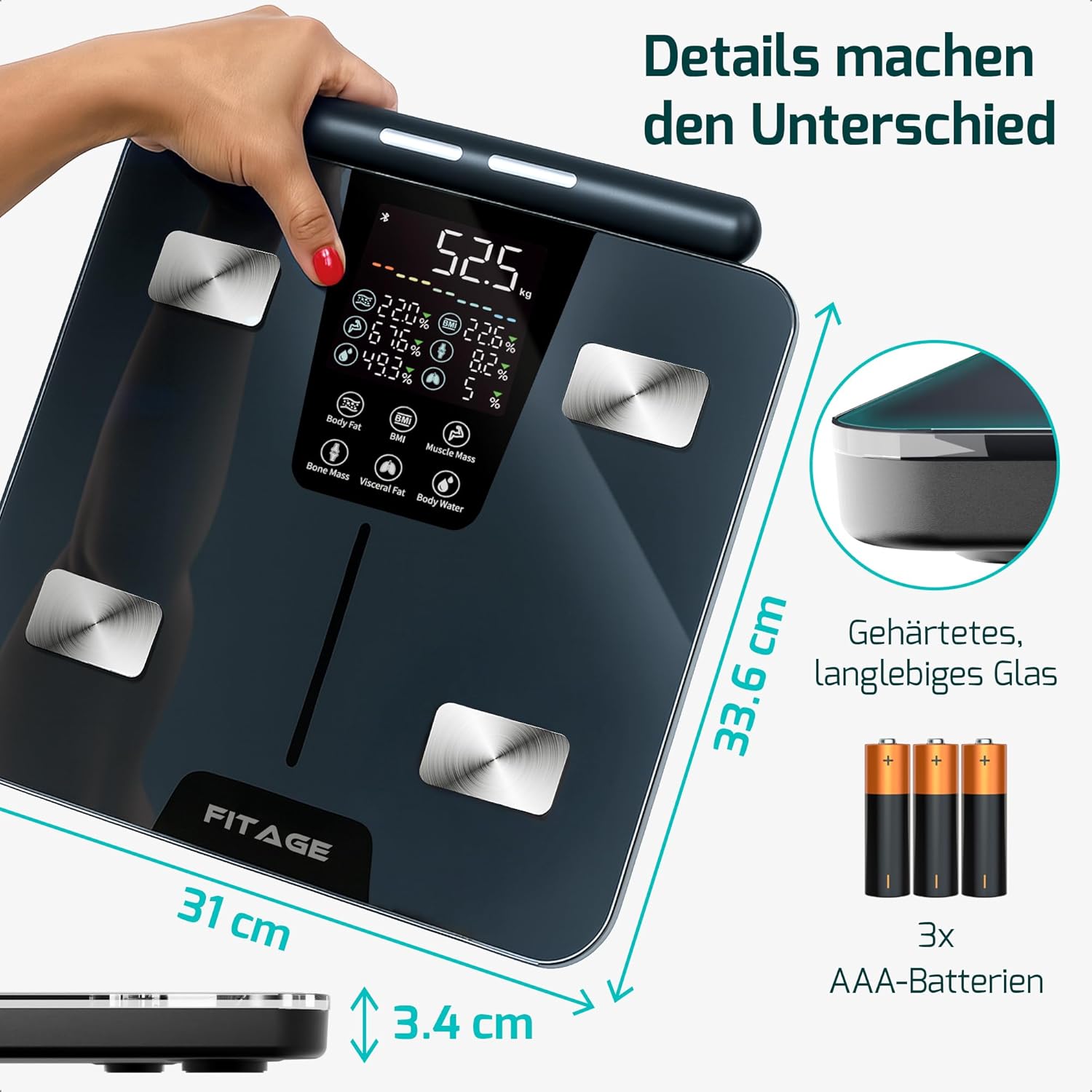 FITAGE Digitale Körperanalysewaage mit Bluetooth, bis 225 kg, Körperfettwaage mit 17 Messungen, Körperanalyse mit App, Körperfett, Muskelmasse, mit Handsensoren – Bild 6