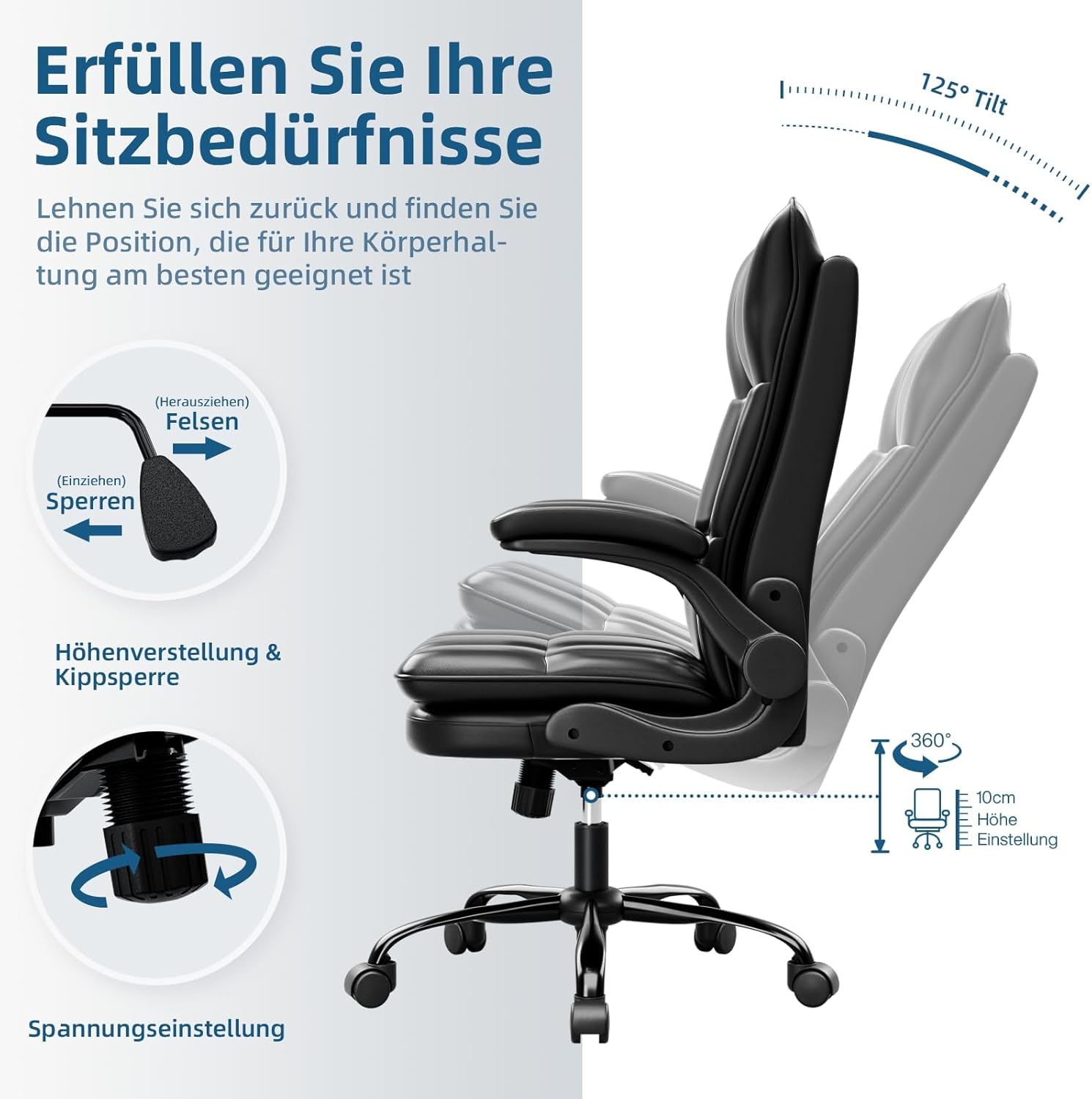 Ergonomischer Bürostuhl, Chefsessel mit kratzfester Technologie aus Leder, klappbare Armlehne, Dreh- und Wippfunktion, höhenverstellbar, doppelt verdickte Rückenlehne, Schwarz – Bild 7