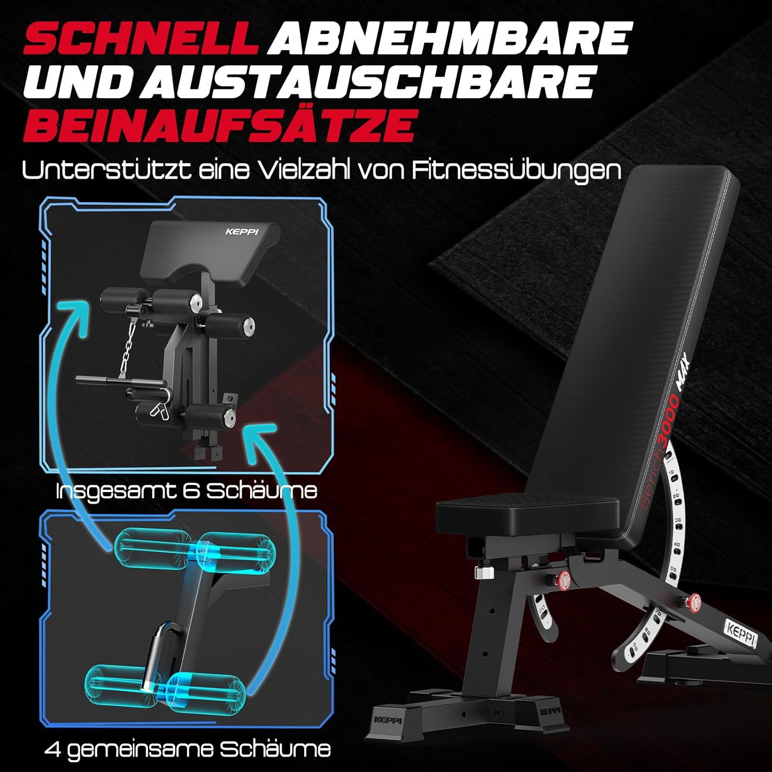 Keppi Bench3000 Max verstellbare Hantelbank mit 600 kg Tragkraft, strapazierfähig, verstellbar für Heimtraining, Schrägbank, Preacher-Pad und Trainingsbank mit Neigungs-/Abwärts-/Flachverstellung – Bild 6